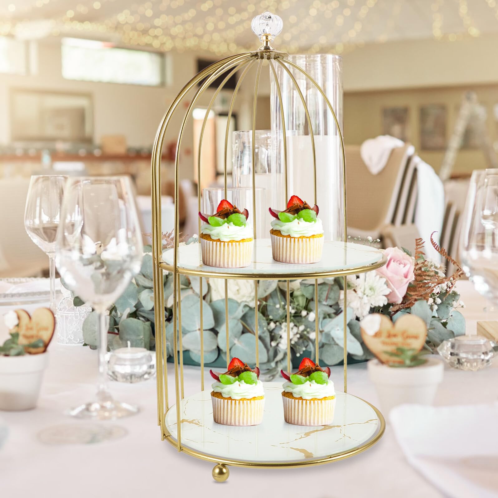 Soporte para Pastel Metálico Dorado de Doble Nivel Jaula Exhibidor de Mesa para Cupcakes y Postres Adecuado para Bodas Cumpleaños y Decoraciones de Fiestas