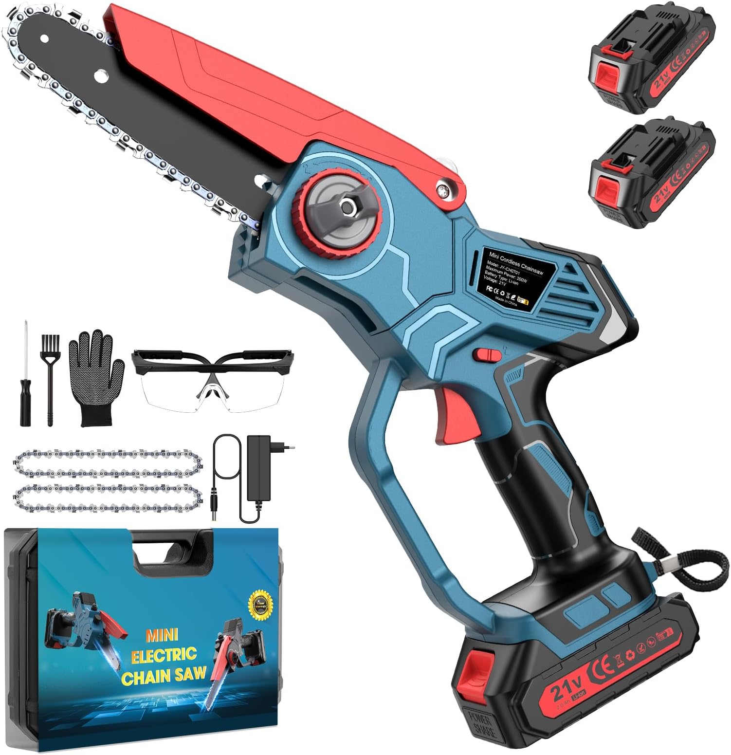 Bogseth Mini Chainsaw Battery 6 Inches, Electric Chainsaw, One-Hand Chainsaw, Electric Chainsaw, Hand Chainsaw for Garden, Wood and Lopper, 2 Batteries 2000 mAh