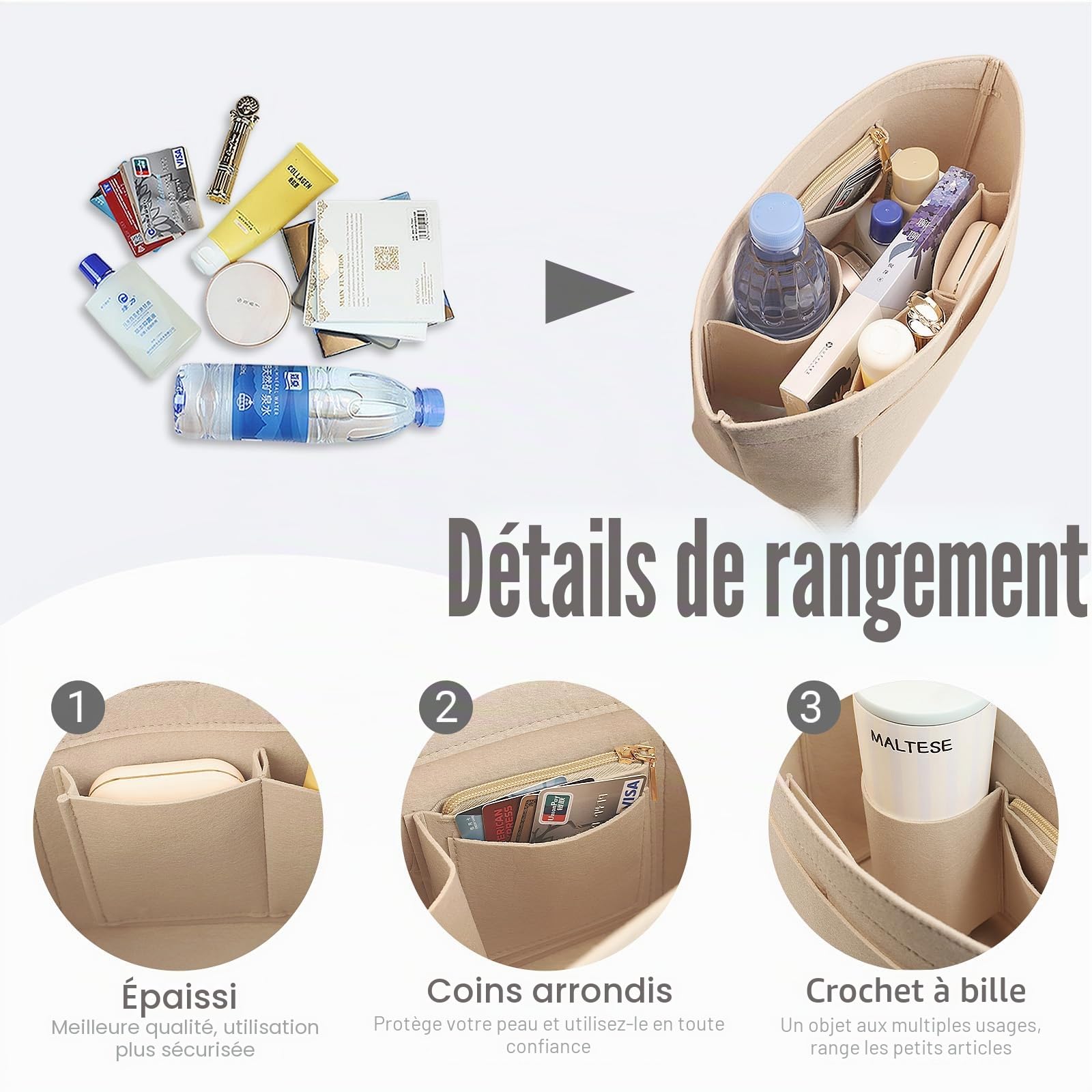 Lckaey Y012 Organiseur de sac à main Le pliage, taille M, beige