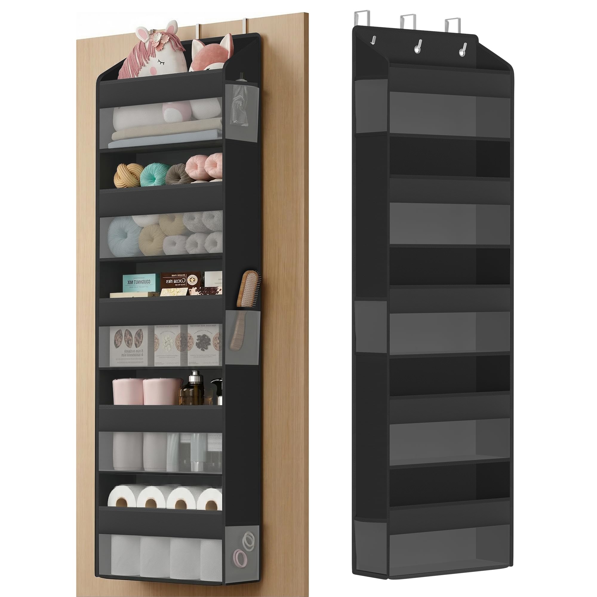 SONGMICS Over-the-Door Organiser, 5-Compartment Foldable Hanging Shelf, Door Hanging Storage Organiser, Metal Hooks, Transparent, Side Pockets, Ink Black RDH010BH01