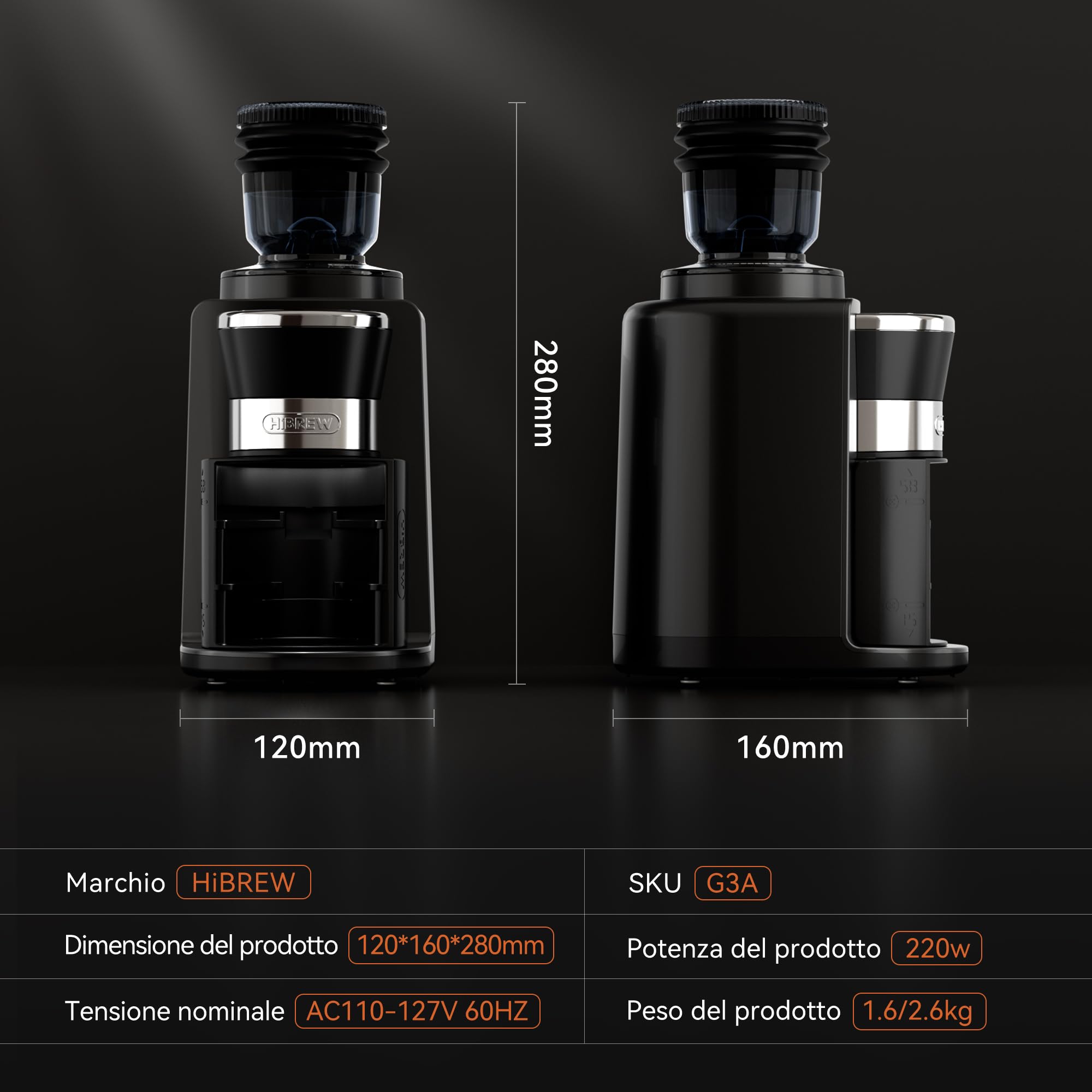 HIBREW Macinacaffè elettrico – Macinacaffè conico in acciaio inox con aroma conservato, tazza singola, 200 Watt, 31 impostazioni di macinazione regolabili