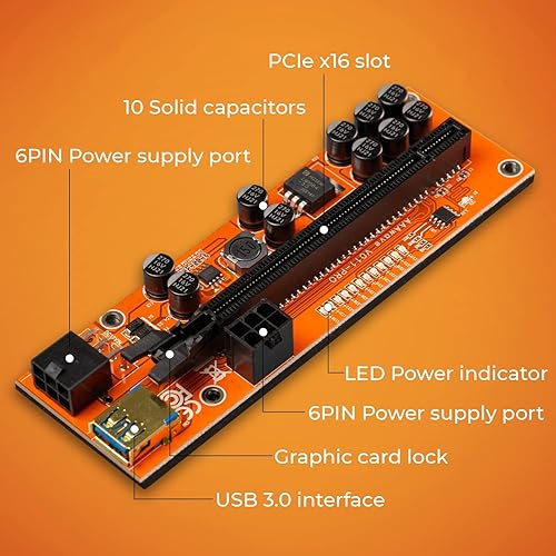 Miniatura 3 de PCIE Riser VER 011 PRO - Extensión gráfica de 1x a 16x para minería de GPU, cable USB 3.0 de 23.6 in, 10 condensadores sólidos, 12 luces LED, 2 x 6