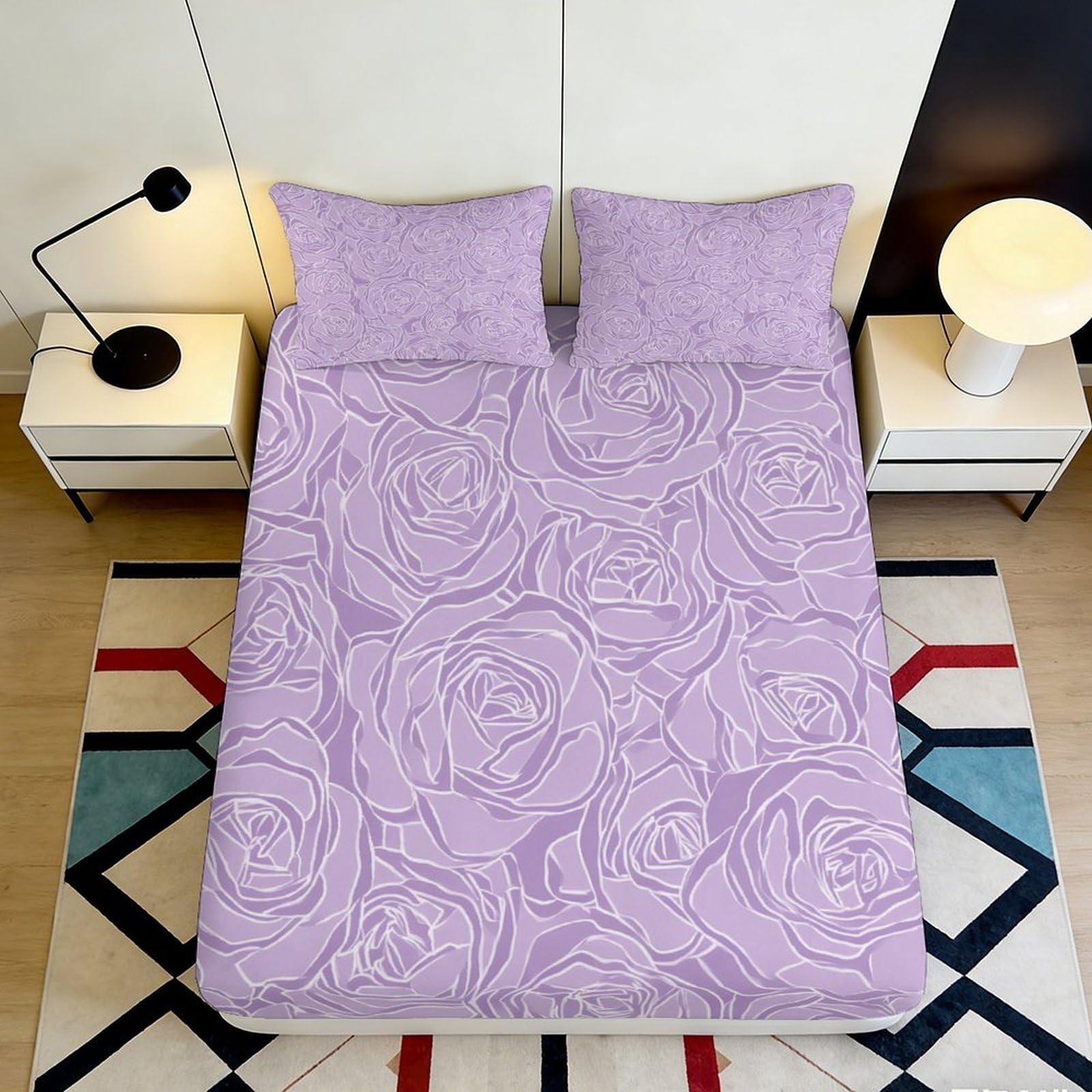 3D Printed Lavender Rose Fitted Sheet Microfiber Soft Floral Blossom Mattress Cover for Bedroom Guest Room Dorm Decor 160x200x25cm