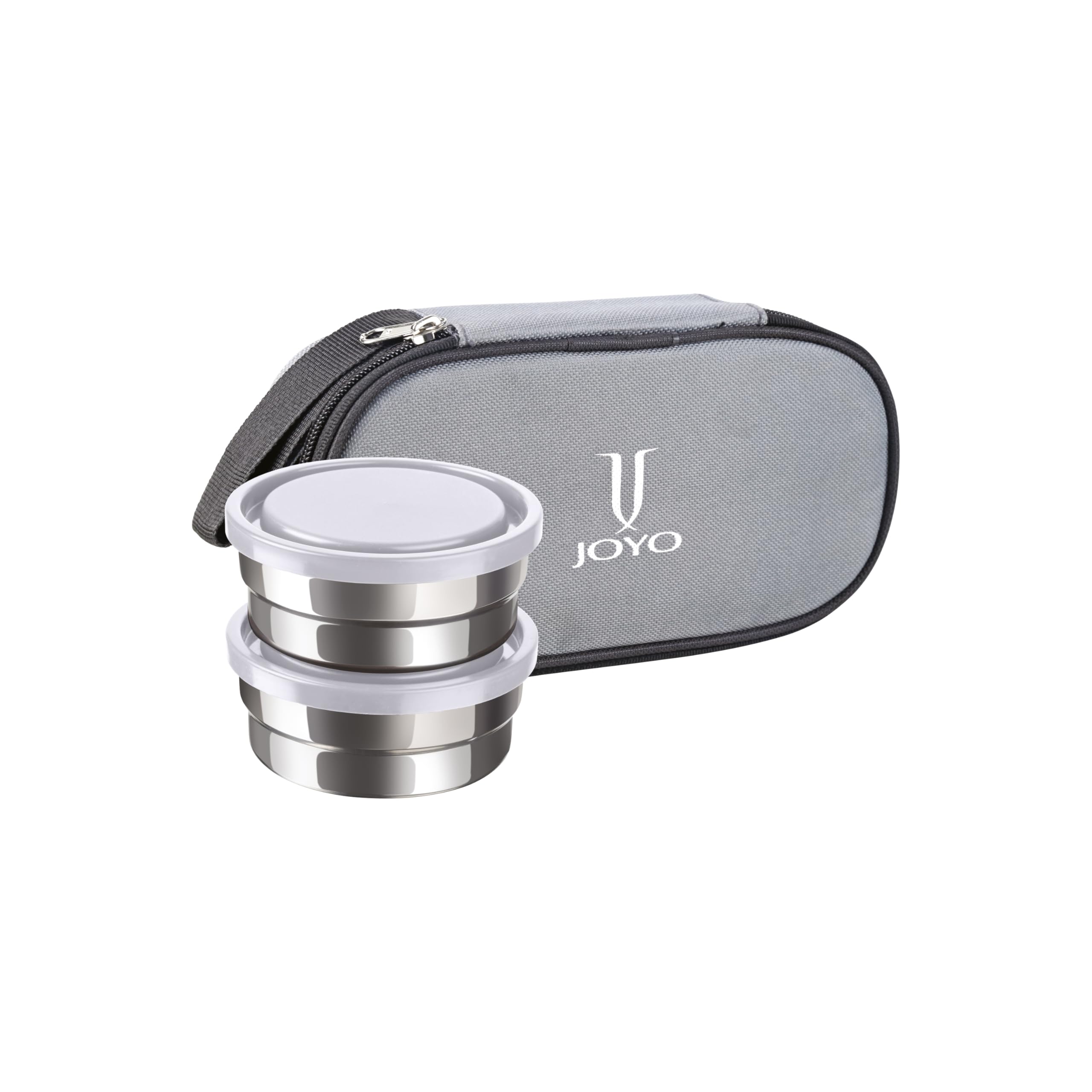 JOYO Executive Lunch Pack with Zipper Pouch, 2 Round Containers, 280 ml Each, Grey| Easy to Carry | Leak Proof