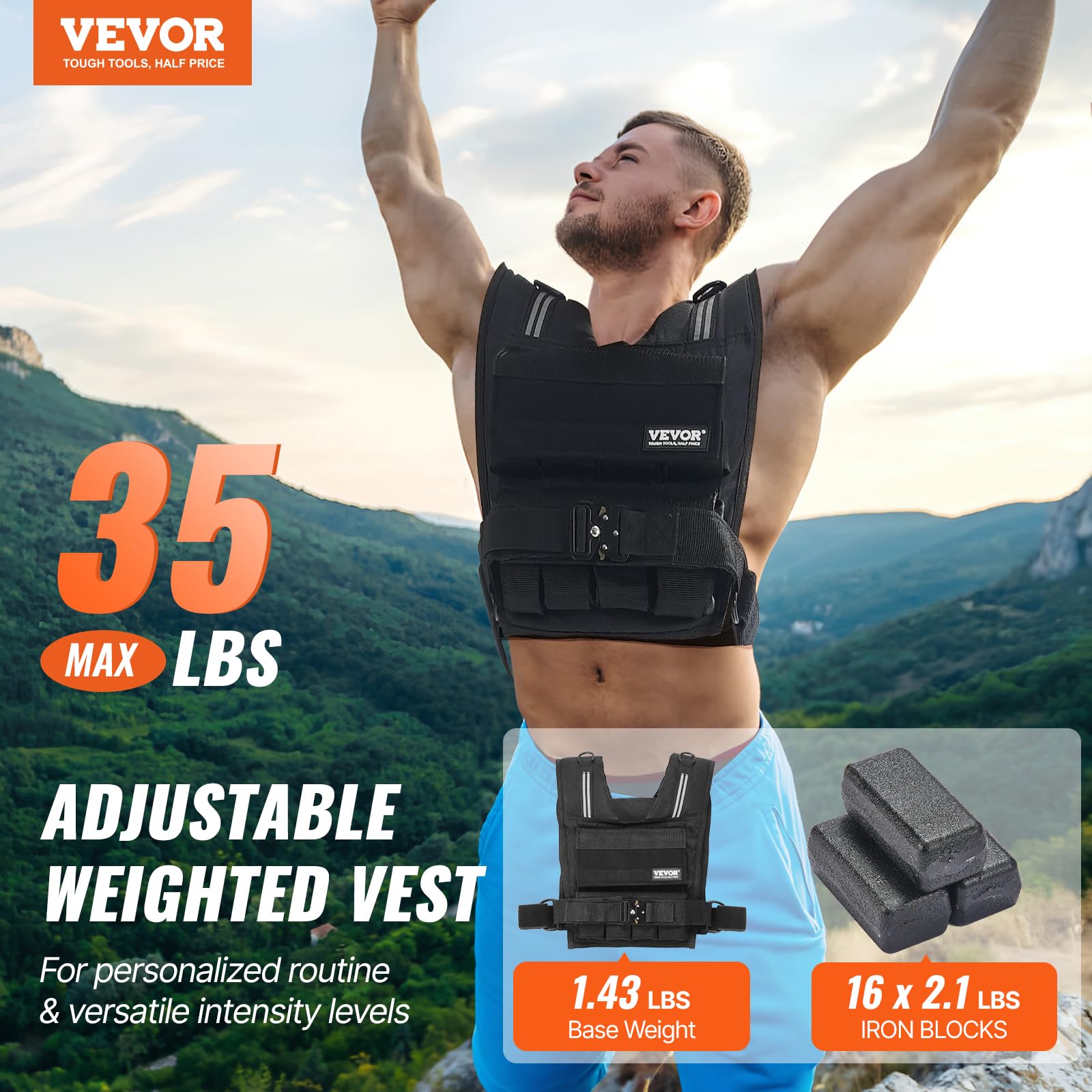 VEVOR Giubbotto con Pesi Regolabile 15,85kg, Giubbotto con Pesi 16 Blocchi di Ferro, Spalline e Striscia Riflettente per Allenamento Fisico, Attrezzatura da Allenamento Bodybuilding, Corsa, Jogging
