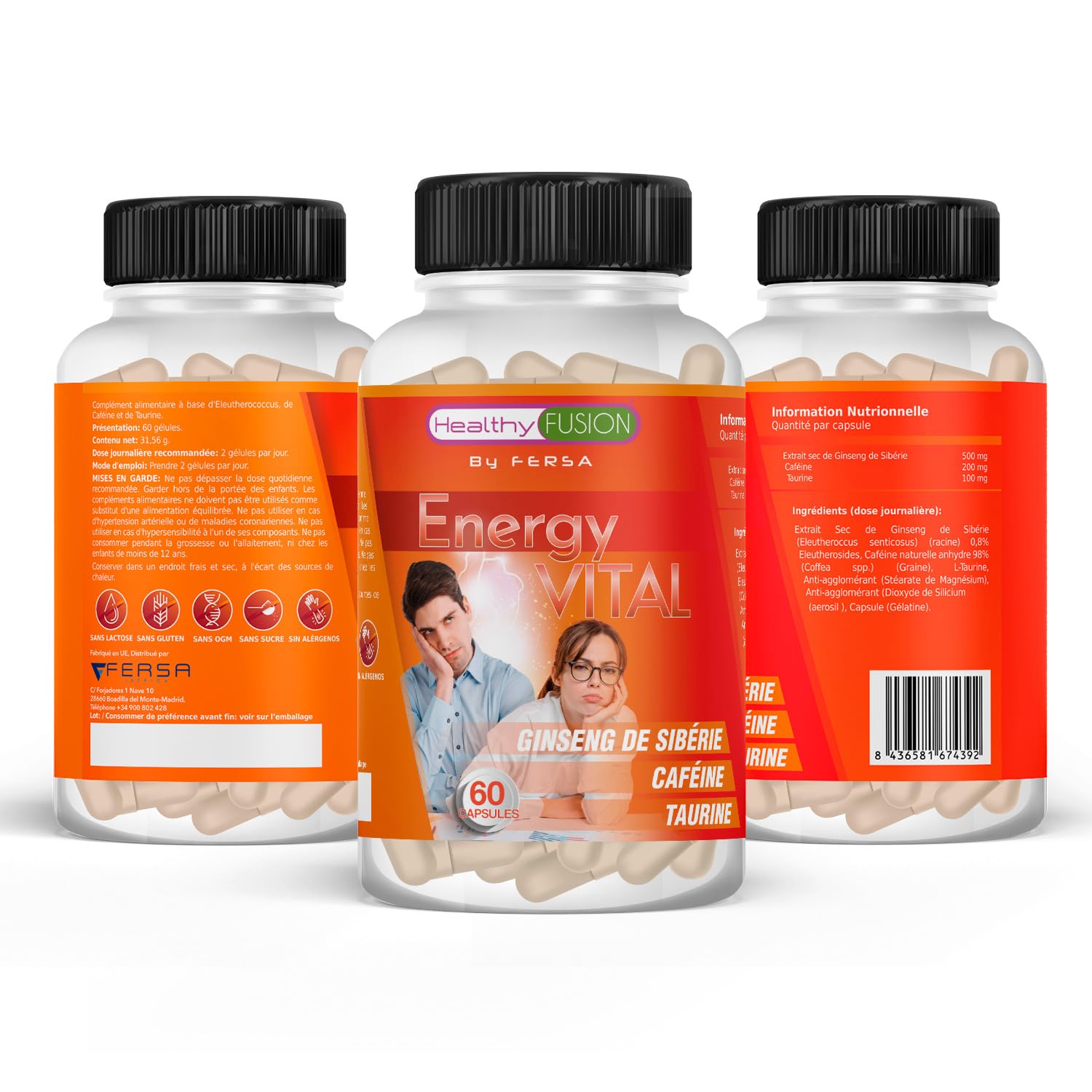 Healthy Fusion Energy Vital | Formula energizzante e anti-fatica efficace | Eleuterococco + Taurina + Caffeina | Stimolante 100% naturale | Migliora e potenzia le performance fisiche e mentali | 60u