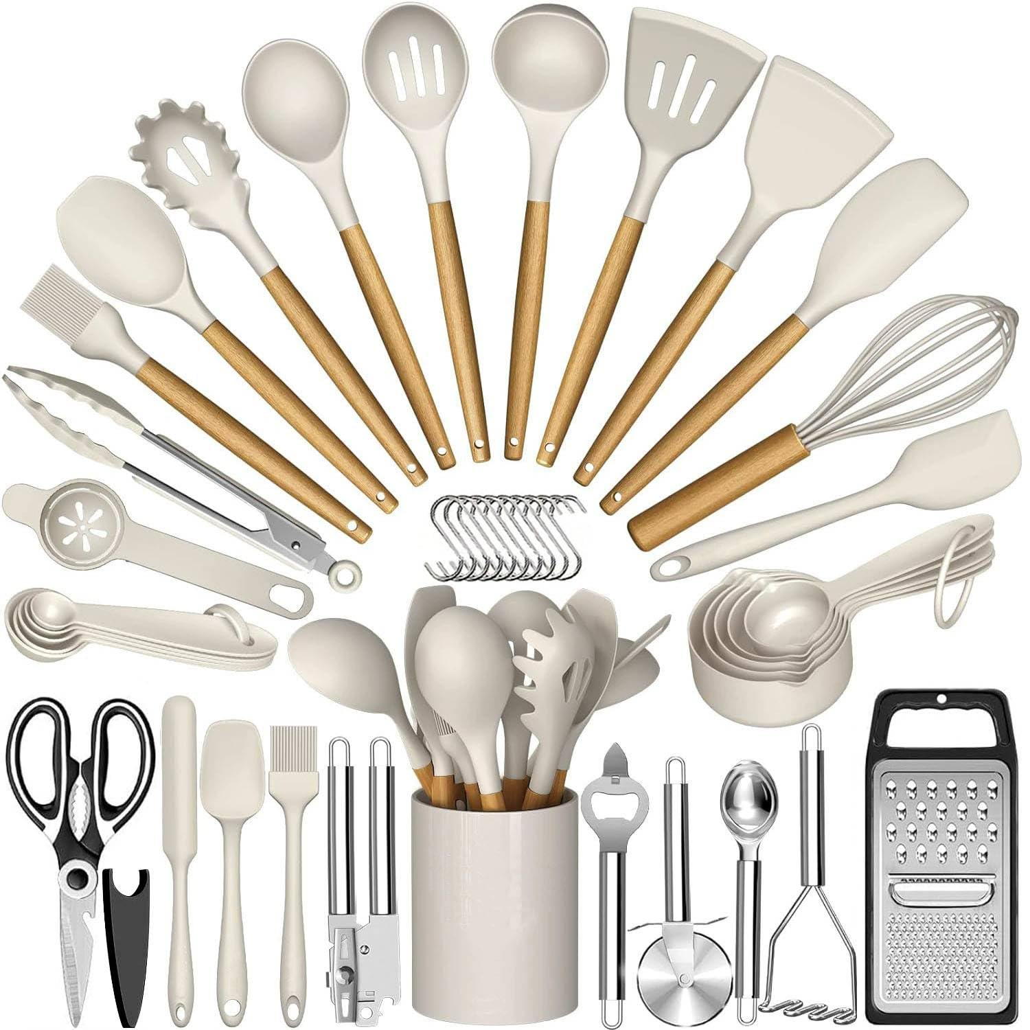Silikon Küchenhelfer Set Kochlöffel Set Premium Kochutensilie Mit Antihaft-Beschichtung Hitzebeständiger Kochbesteck Set Spülmaschinengeeignet Mit Utensilienhalter Ideal Für Alle Kochgeschirr Pfannen