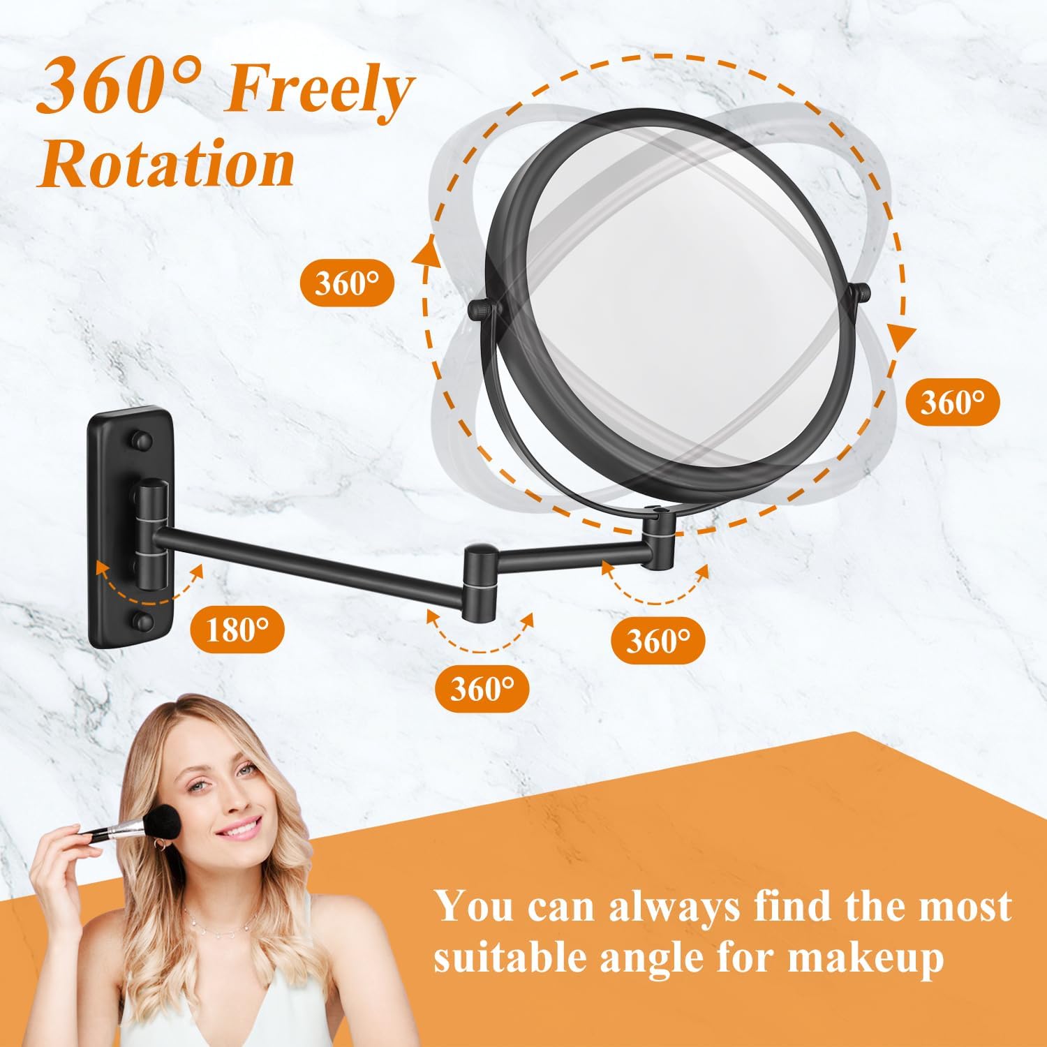 DECLUTTR 1X/15X Wall Mounted Makeup Mirror, 8" Double Sided Vanity Magnifying Mirror, 360° Swivel Extendable Bathroom Make Up Mirror, Black