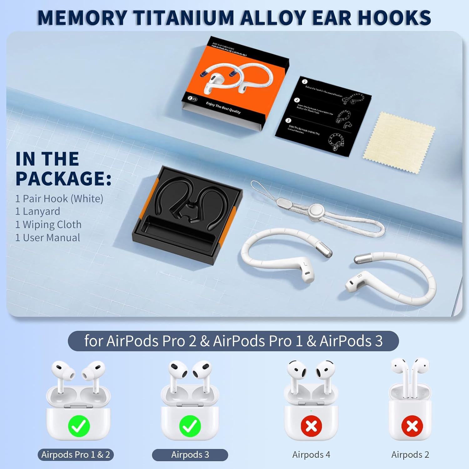 Anti-Slip Ear Hooks for AirPods Pro 2 & AirPod 3 Earbuds [Memory Titanium Alloy],Soft Comfortable Fit | Anti-loss Sports EarHooks Compatible with AirPods Pro 2 Earbuds Accessories with Lanyard (White) - Image 2