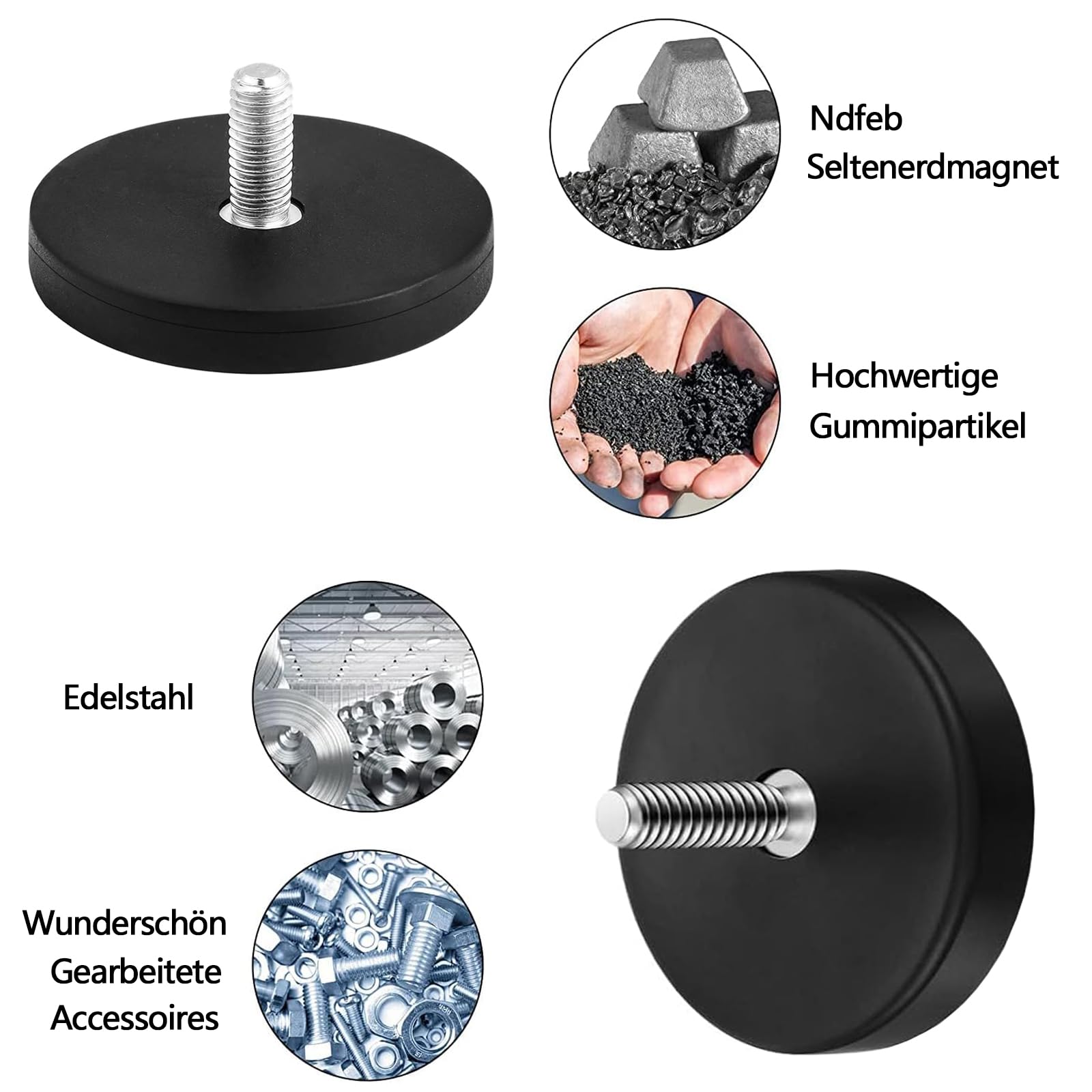 Produktbild von 2x Gummierte Neodym-Magnete 66 Mm Mit M6 Außengewinde – Rutschfest, Für Ösen & Haken