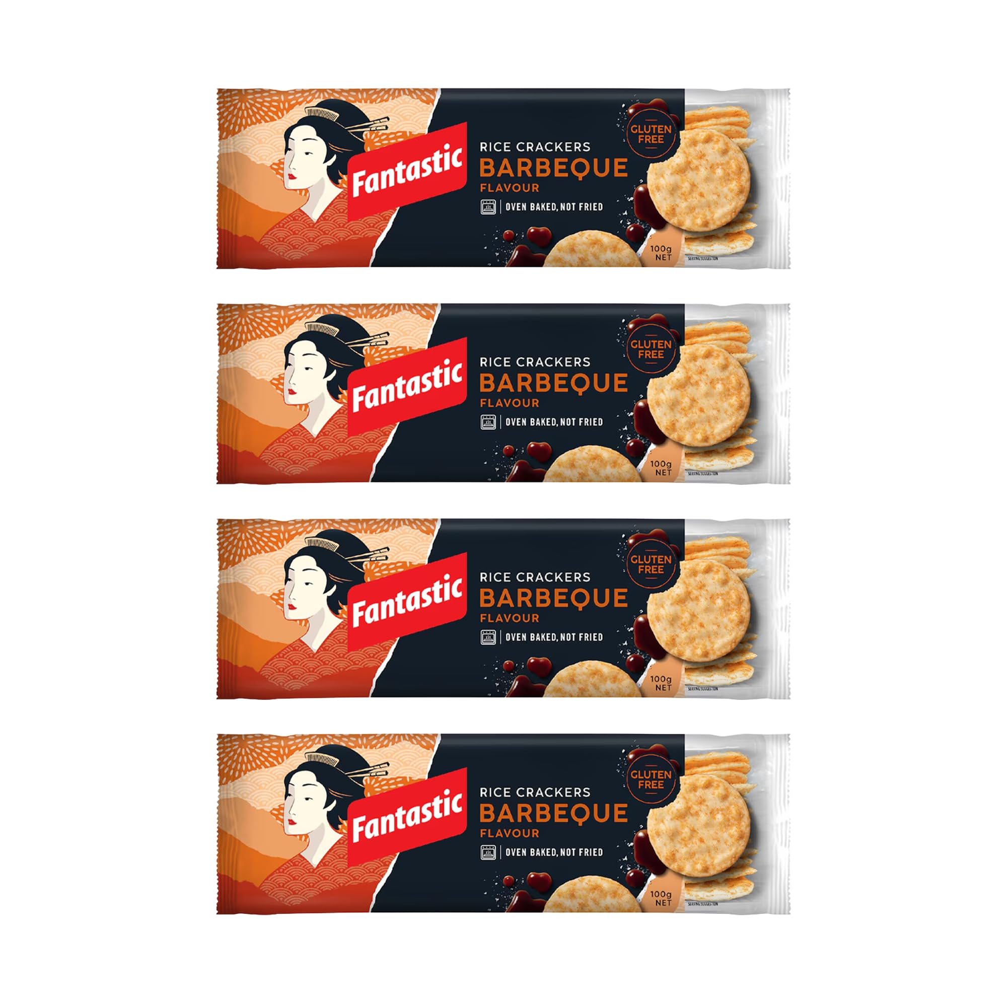 - Rice Crackers Barbeque, Authentic Thai Recipe, Oven Baked Crunchy Snack, Vegan & Gluten Free, Low Calorie, 100g (Pack of 4)