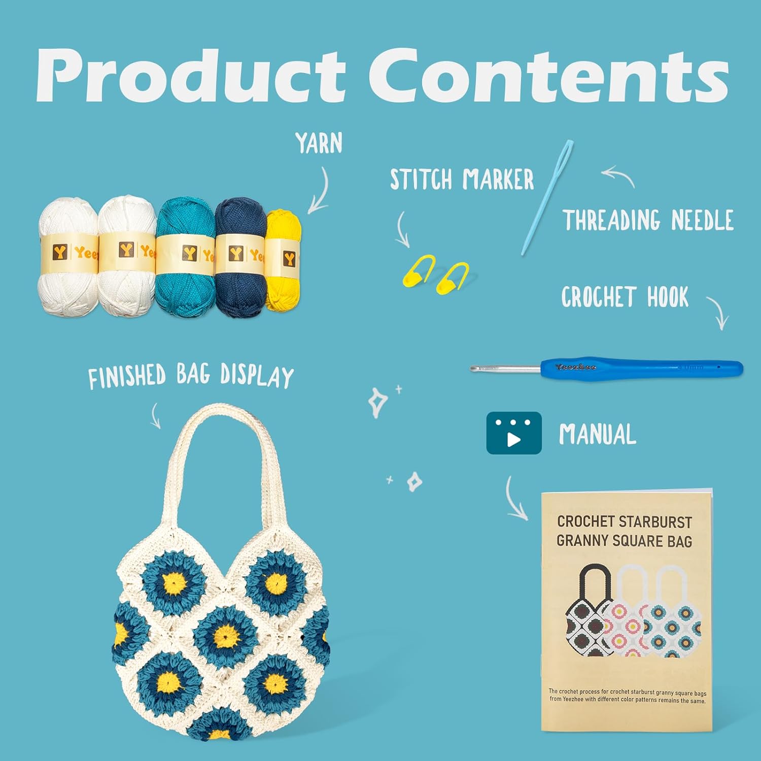 Yeezhee Crochet Kit for Advanced or Intermediate Beginners, Crochet Bag Kit with Step-by-Step Video Tutorials, Granny Square Crochet Tote Bag Set, Knitting Kit Including Yarn, Crochet Hook, Corydalis