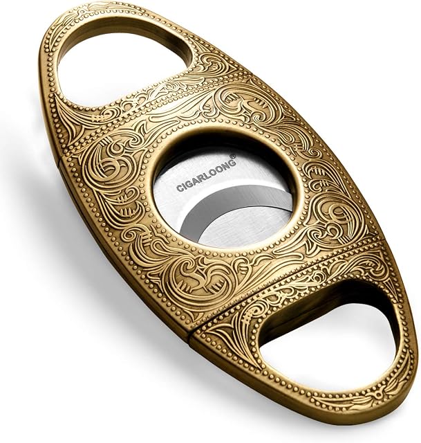 CIGARLOONG Cigar Cutter Stainless Steel Bronze Engraved Double Cut Blade Cigar Guillotine Color:Gold1)