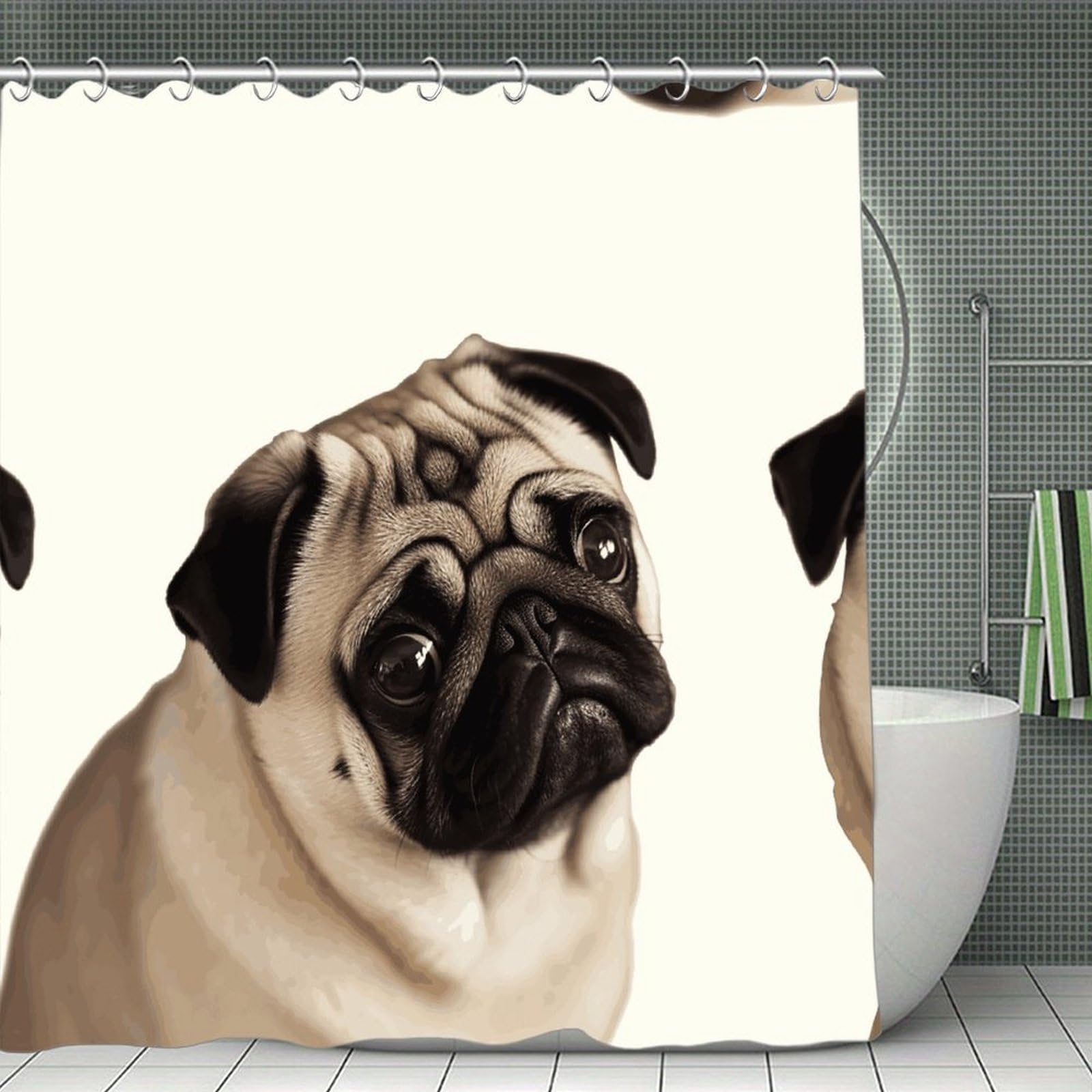 FekiLoot Pug Dog Shower Curtain Minimalist Thick Bathroom Curtain Washable Modern Bathroom Shower Curtain Heavy Duty Waterproof Cloth Bath Curtain with Hooks 70.8"x70.8"