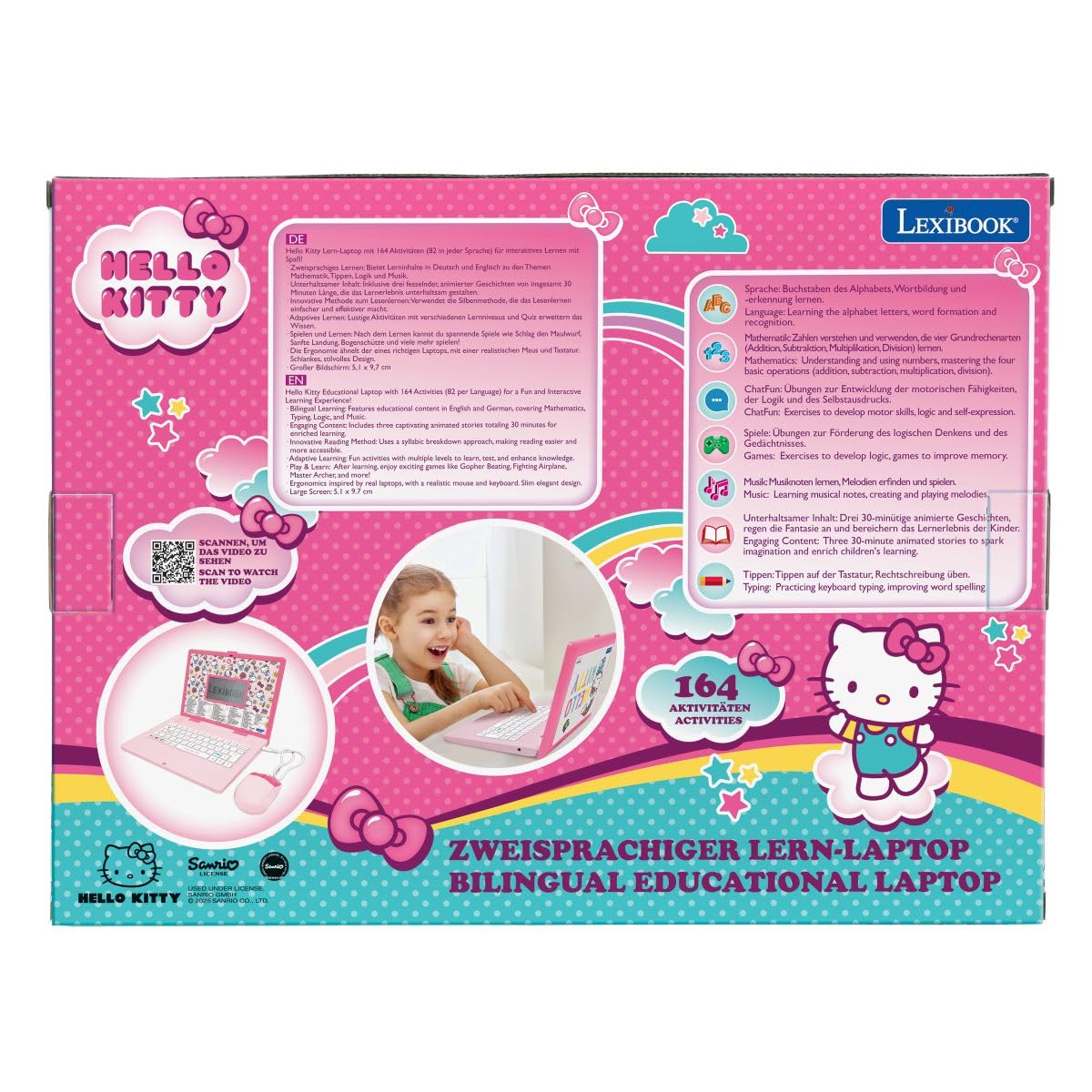 Lexibook, Hello Kitty JC598HKi3LXB Ordinateur Portable éducatif bilingue Anglais/Allemand, 164 activités : Langue, écriture, mathématiques, logique, Musique et Jeux pour garçons et Filles