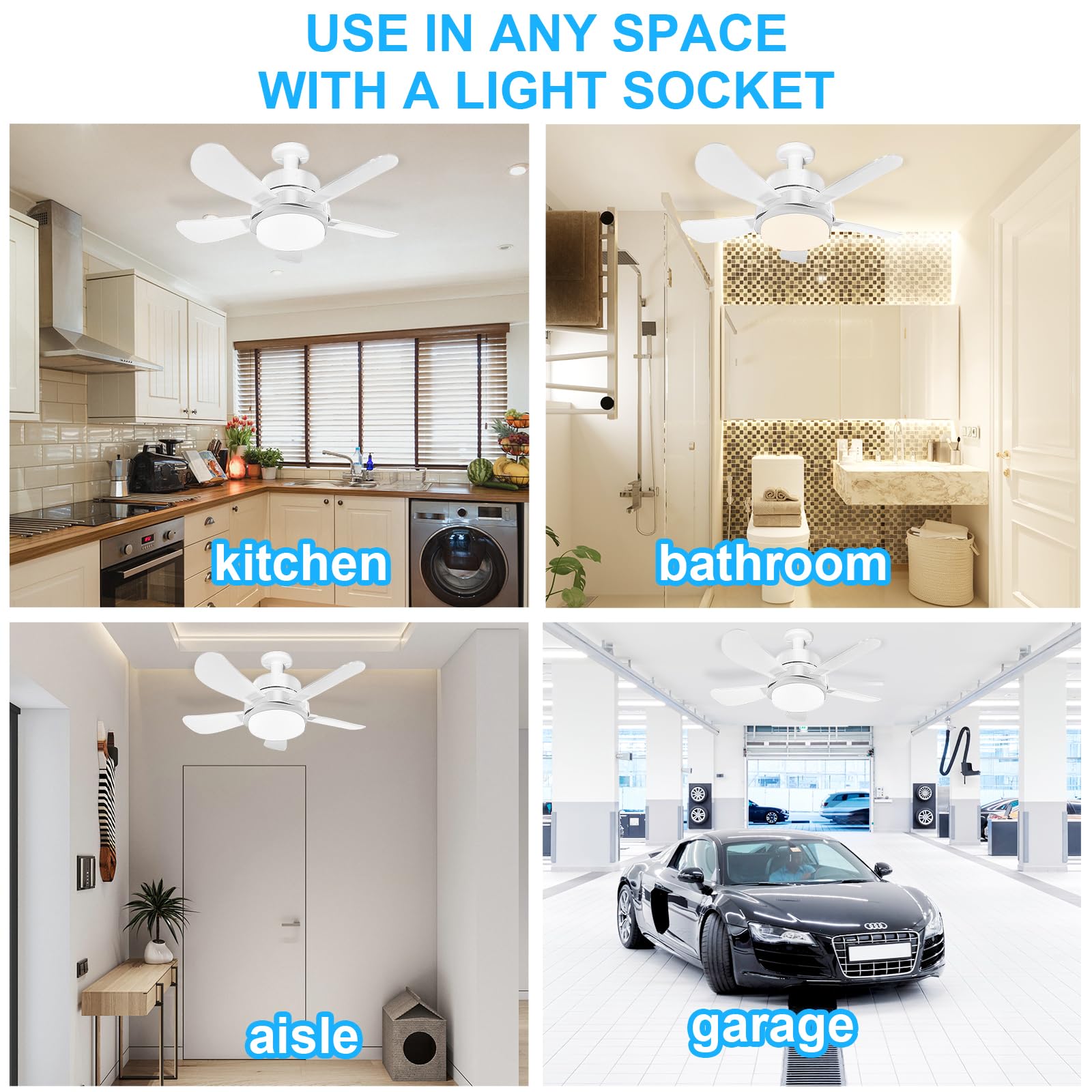 Ventilador de Casquillo con Luz LED 40 cm, Ventilador de Techo con Base E27, 6 Palas, Motor DC 6 Velocidades Regulable, 6000K (blanco)