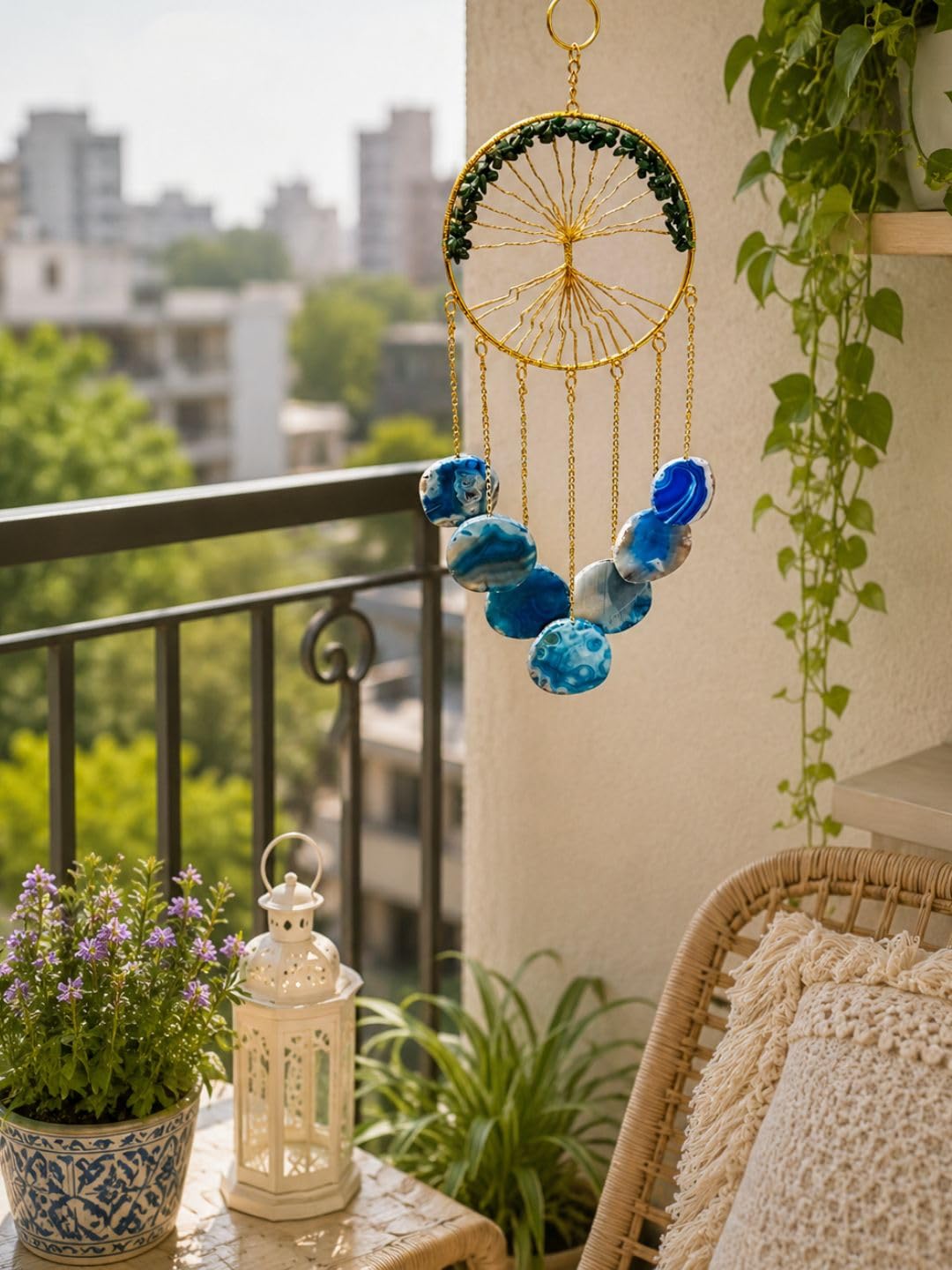 Blue Agate Round Windchime | Handcrafted Crystal Windchime for Serenity, Harmony & Balcony Decor | 17" Height, 6" Diameter, 7 Slices (350g)-image-2