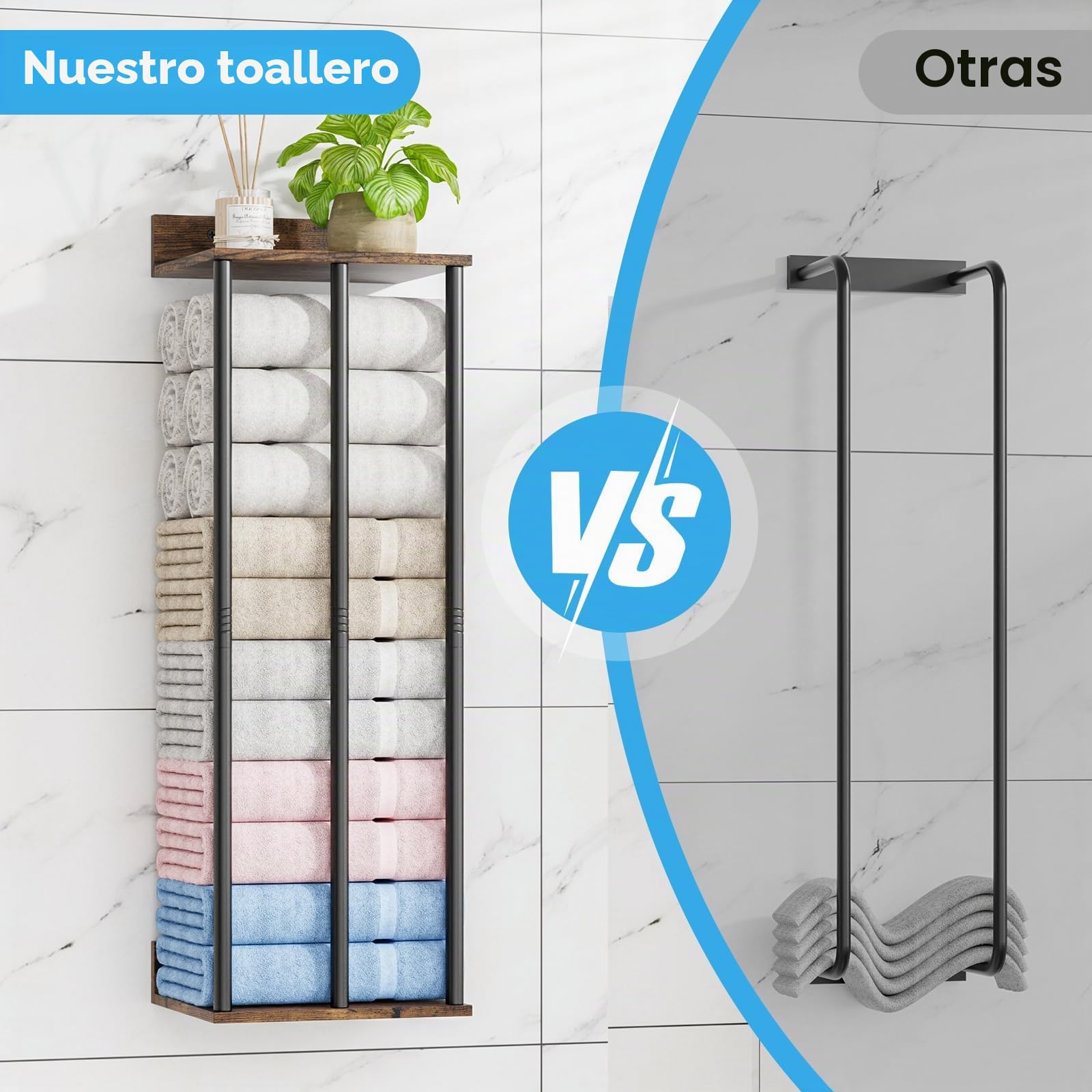 Perchas para Toallas para Baño con Montaje en Pared y Estante de Almacenamiento, Portatocas para Toallas Enrolladas, Resistente y con Gran Capacidad, Organizador de Toallas - Estilo Rústico