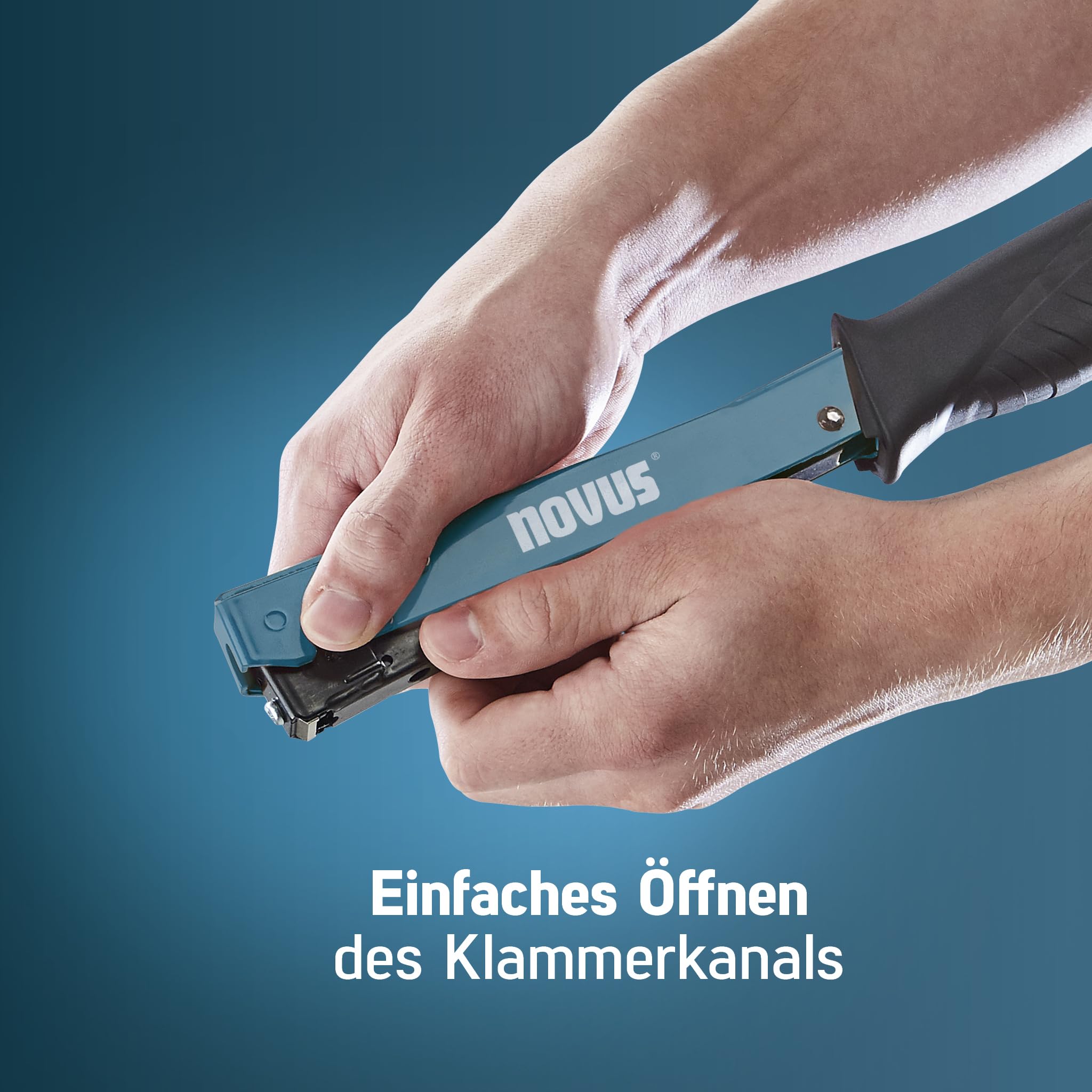 NOVUS TOOLS Hammertacker J-022 Set mit 5000 Klammern │ Leichter, robuster Schlagtacker aus Vollmetall mit Soft-Griff und Schnellladesystem │ Für Feindrahtklammern Typ 37 von 4-6 mm