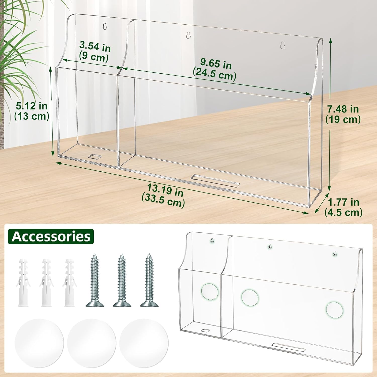 VANCORE Clear Wall Mounted Phone Holder Acrylic Remote Control Holder Media Organizer Caddy with Holes for Charging Phone Tablet Holder (Two Compartments)