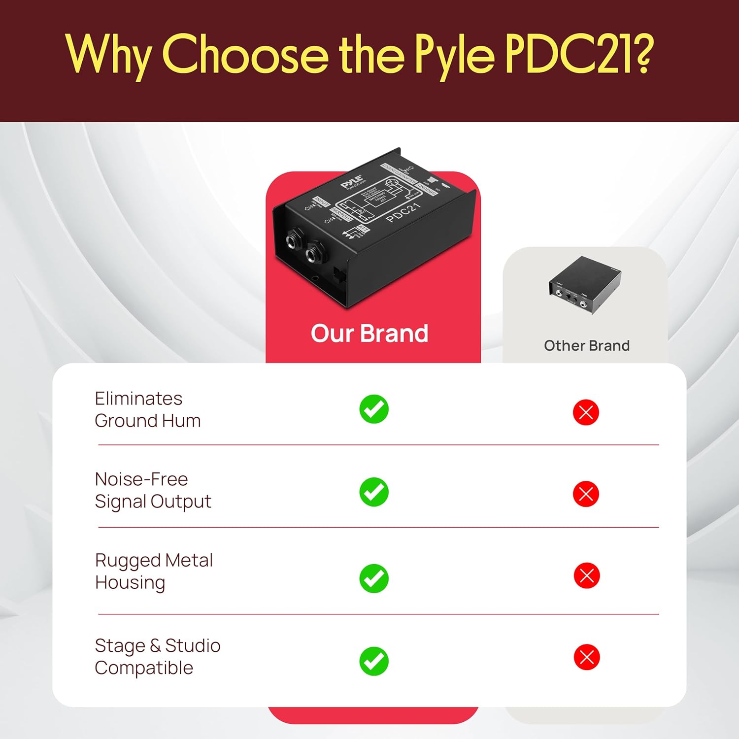 Pyle Premium Direct Injection Audio Box - 2.36" x 4.09" Passive DI Unit Hum Eliminator w/ Input Attenuator to Connect Guitar & Bass, 1/4'' Impedance Transformer Connector to Balanced & Unbalanced XLR