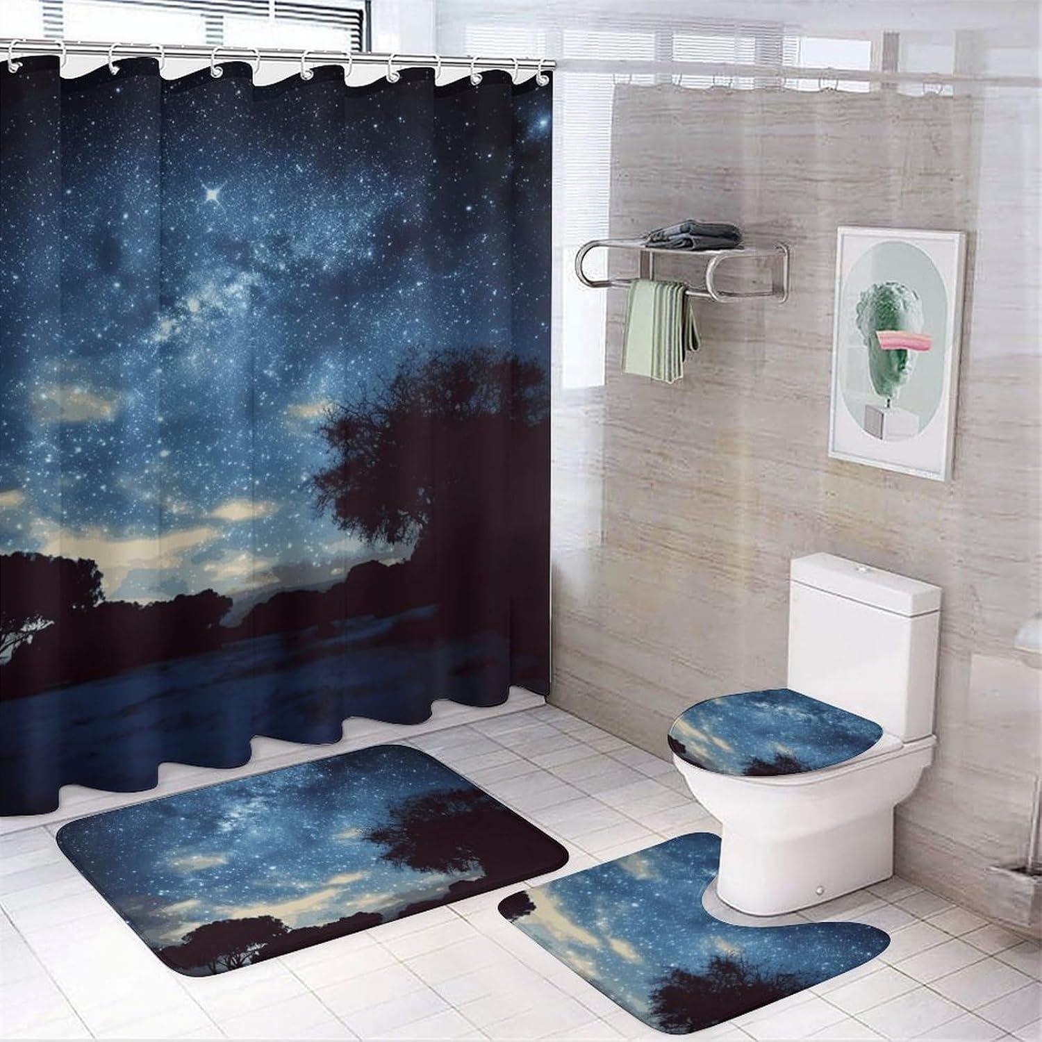 Night Sky with Trees Shower Curtain Set 4 Piece, Non-Slip Bath Mat with Toilet Lid Cover and Waterproof Shower Curtain with 12 Hooks, Complete Bathroom Set for Home Decor