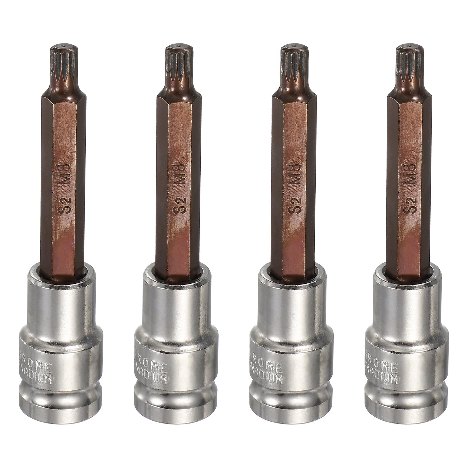 sourcing map 4Pcs Triple Square Spline Bit Socket 1/2" Drive M8 Metric Sized S2 Steel 12 Point Head Long Screwdriver Drill Bits CR-V Steel Socket Adapter for Home Auto Axle Hex Nut Bolt Repair