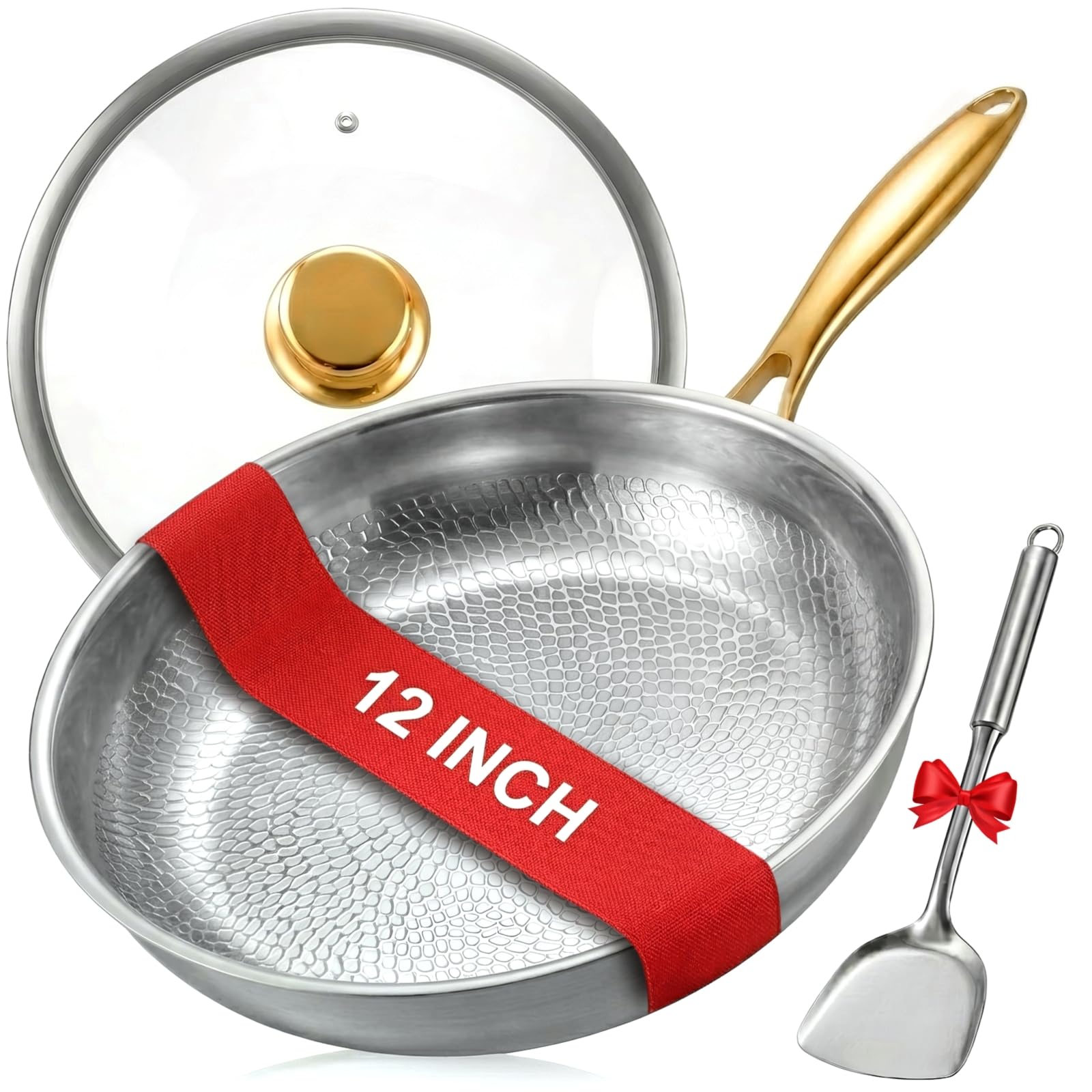 Photo 1 of (missing screw for lud), used)cSikiilu 12" Titanium Pans for Cooking | Food-Grade Pure Titanium Frying Pan Pro with Lid & Spatula | PFAS/PFOA/PTFE Free Nonstick Cookware | Dishwasher & Oven Safe, Kitchen Induction Compatible