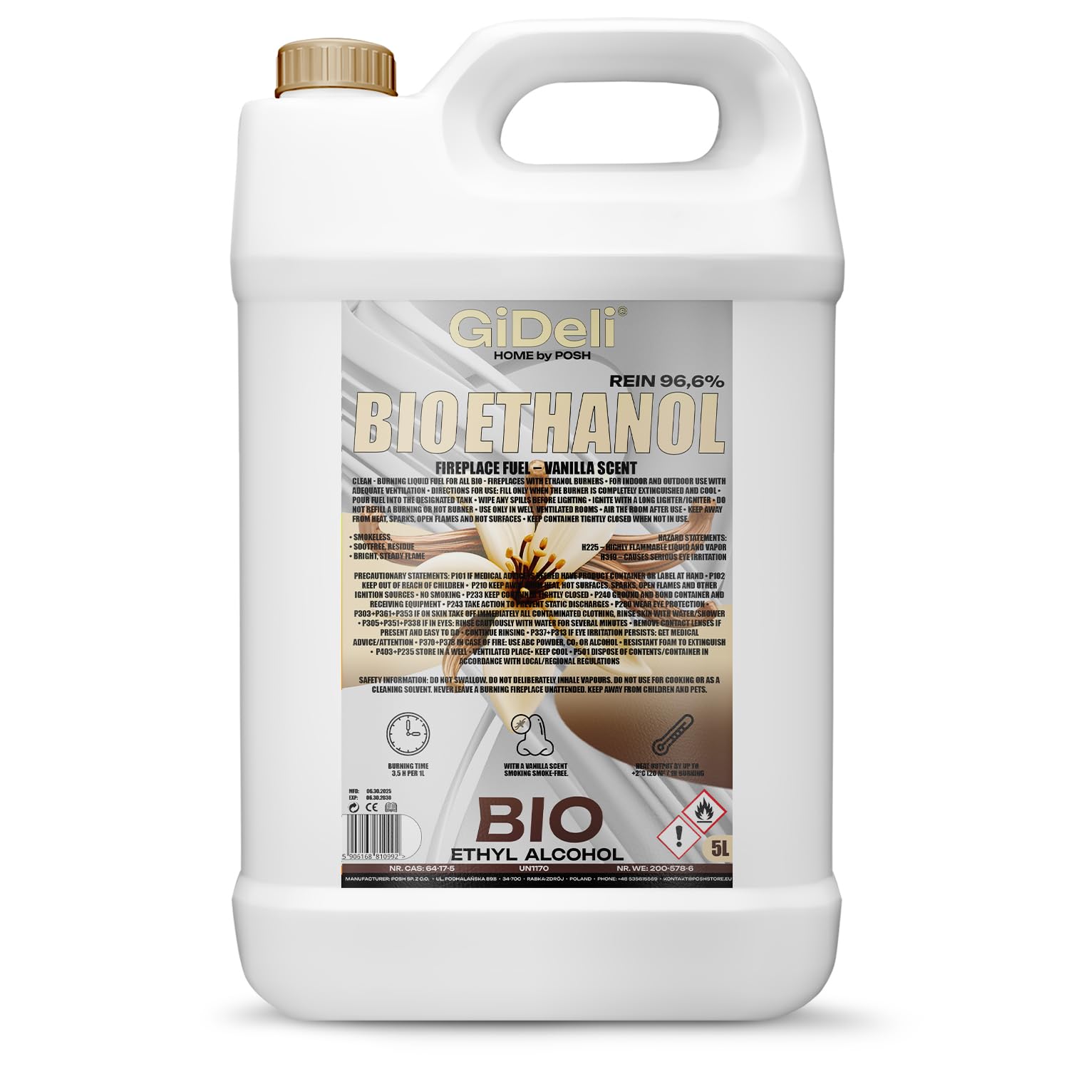 GiDeli Bioéthanol 5 l Parfum vanille 96,6 % éthanol pour cheminée intérieure et extérieure