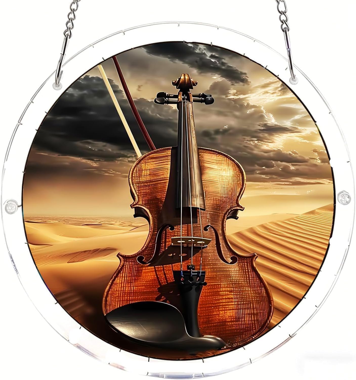 Violin Standing in the Desert Acrylic Jigsaw Puzzles Suncatcher, 8.9 Inch Window Hanging Suncatcher Acrylic Puzzle, DIY Home Decor Art Gift