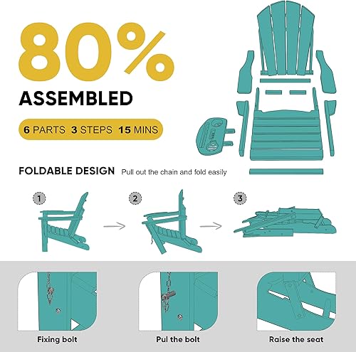 Miniatura 7 de Juego de 2 sillas Adirondack plegables de polietileno de alta densidad con portavasos multifuncional, resistente a la intemperie, para porches,