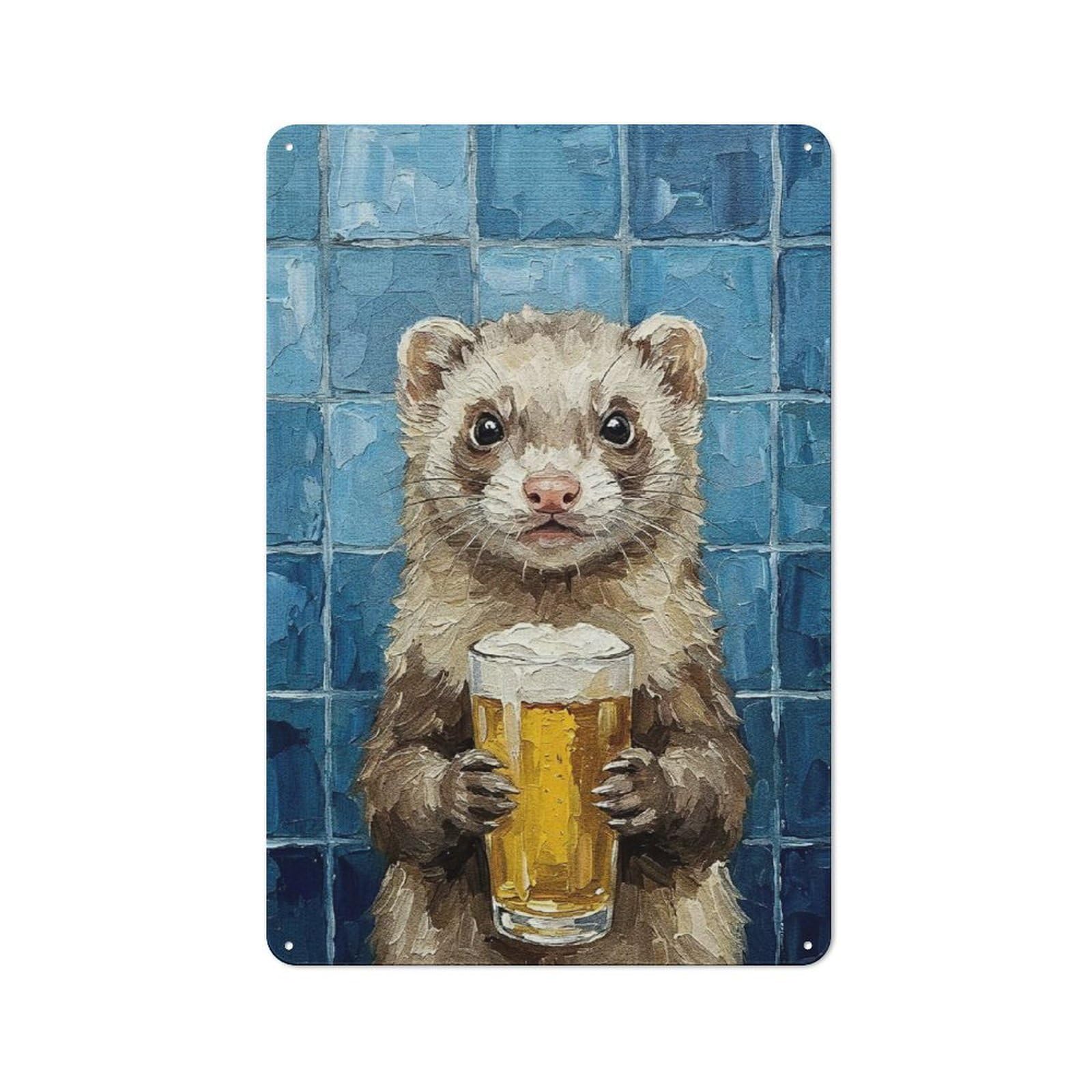 Junmoney Style-12 Ferret With Beer Painting Rustic Tin Sign 30X20cm For Hallway Wall, For Home Decor Fans Who Collect Metal Signs