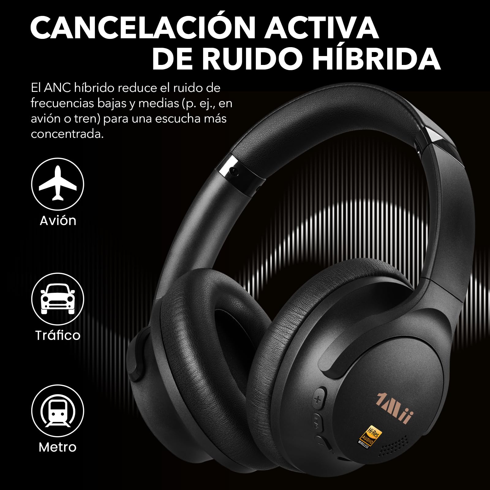 1Mii Y8+ Cascos Inalámbricos Bluetooth Cancelación Ruido Diadema, Negro | ANC Híbrida, Sonido LDAC Hi-Res con Graves Potentes, 100 h de reproducción, BT 6.0, Cómodos, EQ personalizable con App