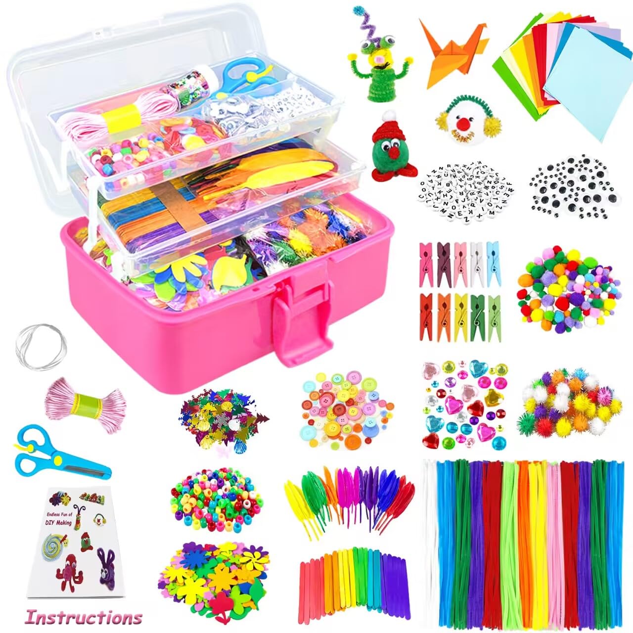 VLUINANI 3000Pcs Craft Kits for Kids DIY Arts and Crafts Supplies Set with Pipe Cleaners Craft Box Preschool Homeschool Toys Gift for Kids Boys and Girls Age 4 5 6 7 8
