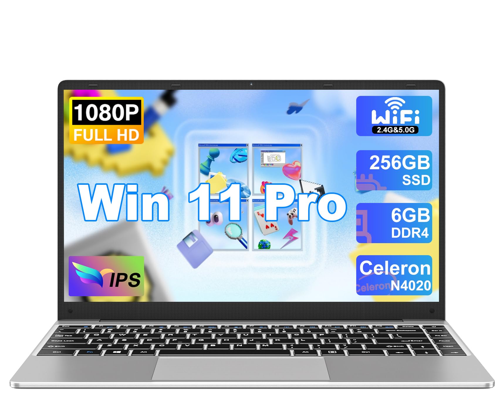Ordenador Portátil Win 11 con 5G WiFi, Portátil 14 Pulgadas 6GB RAM 256GB SSD Expansión SSD 1TB, Bluetooth 4.2 3.0 Transmisión Puerto 1920*1080 FHD Portatiles Buenos & Mini Puerto Multimedia-Plata
