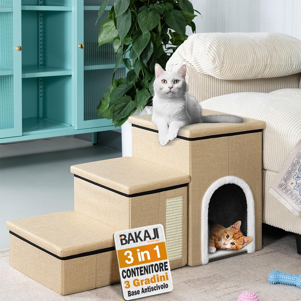 BAKAJI Escalera para Perros y Gatos 3en1 Plegable en Poliéster Beige, Escalera para Mascotas Multifunción, Escalón Compartimento y Nido, Escalones Ergonómicos, Fondo Antideslizante