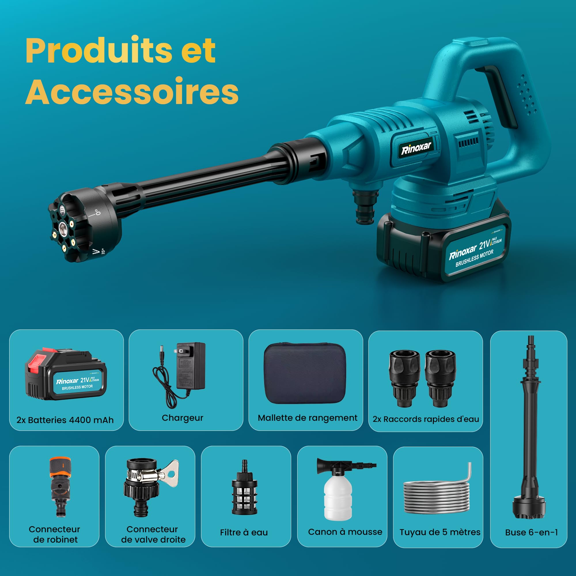 Nettoyeur Haute Pression sans Fil, Pistolet Nettoyeur Haute Pression Portable avec 2x4400mAh Batterie, Moteur sans Balais, 75 Bar, 7.5 L/Min, Buse Réglable 6 en 1, pour Voiture, Jardin, Terrasse