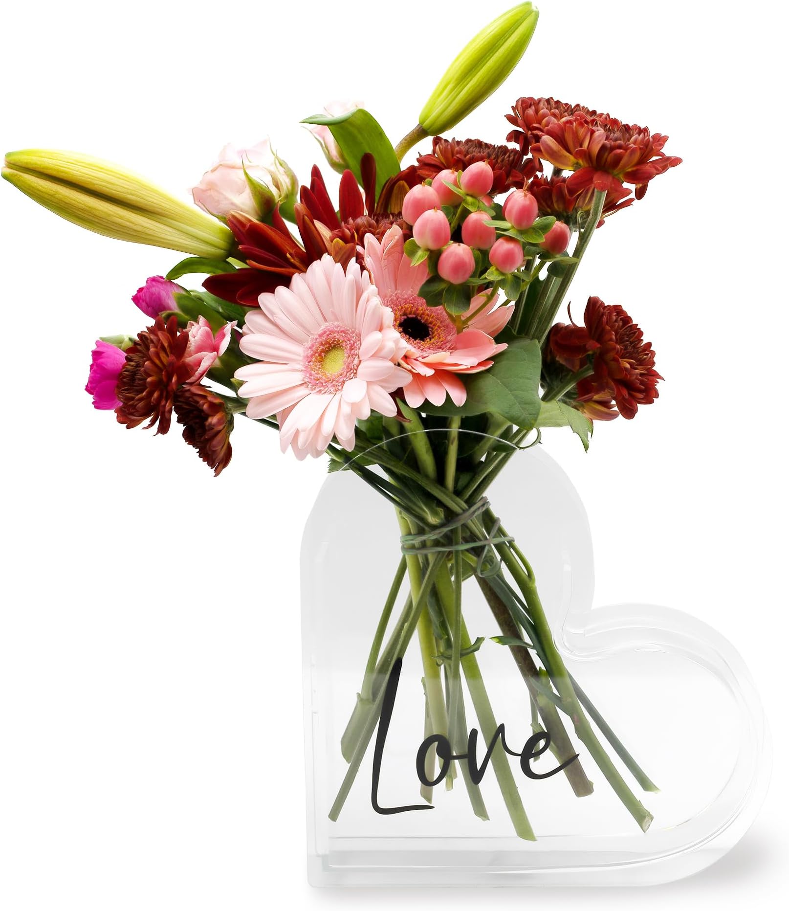 Heart Shaped Flower Vase Acrylic Red or Clear Love Word Design (Clear)