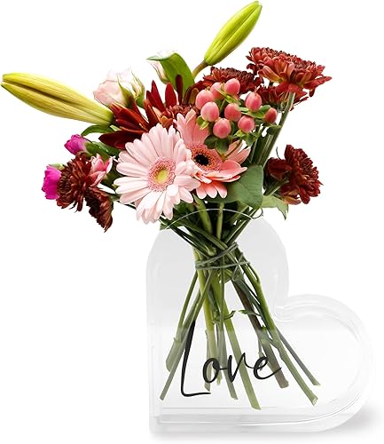Florero en forma de corazón acrílico rojo o claro diseño de palabra de amor (transparente)