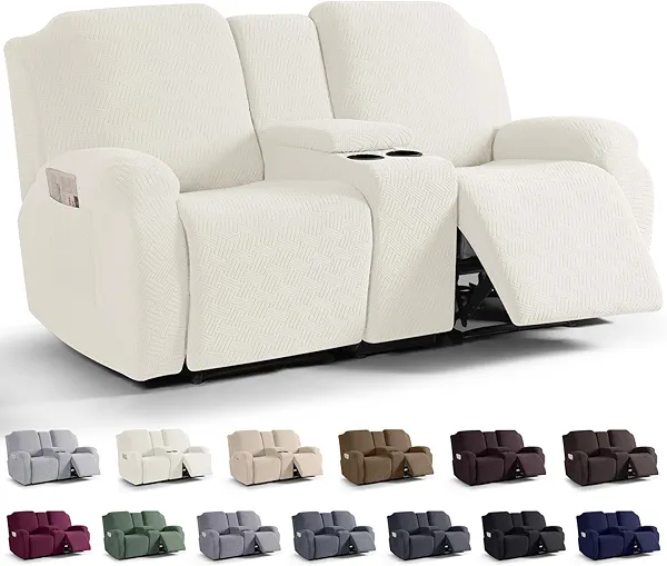 KinCam Loveseat Recliner Covers with Middle Console Slipcover, Recliner Sofa Covers 2 Seat Couch Cover Stripe Jacquard Furniture Protector Covers with Elastic Bottom for Kids, Pets(Cream)