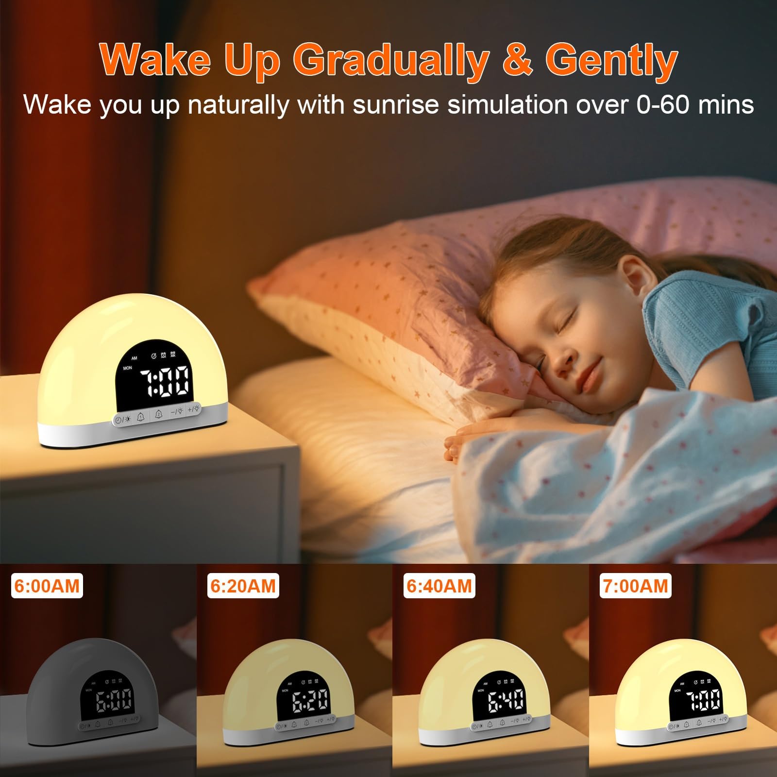 Réveil Lumineux Wake Up Light Sunrise, Double Alarme, Simulation Douce Du Lever Du Soleil, Affichage à 4 Niveaux, Batterie De Secours, Design Compact pour La Chambre à Coucher