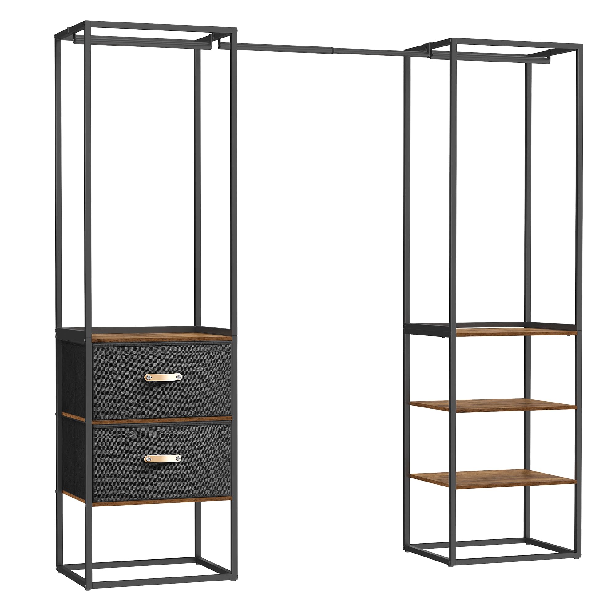 SONGMICS Penderie, Armoire Ouverte, Placard, Porte-Vêtements Solide avec 1 Tringle Extensible, 2 Tiroirs et 4 Étagères, pour Chambre, Gain de Place, Marron Rustique RGR003B01