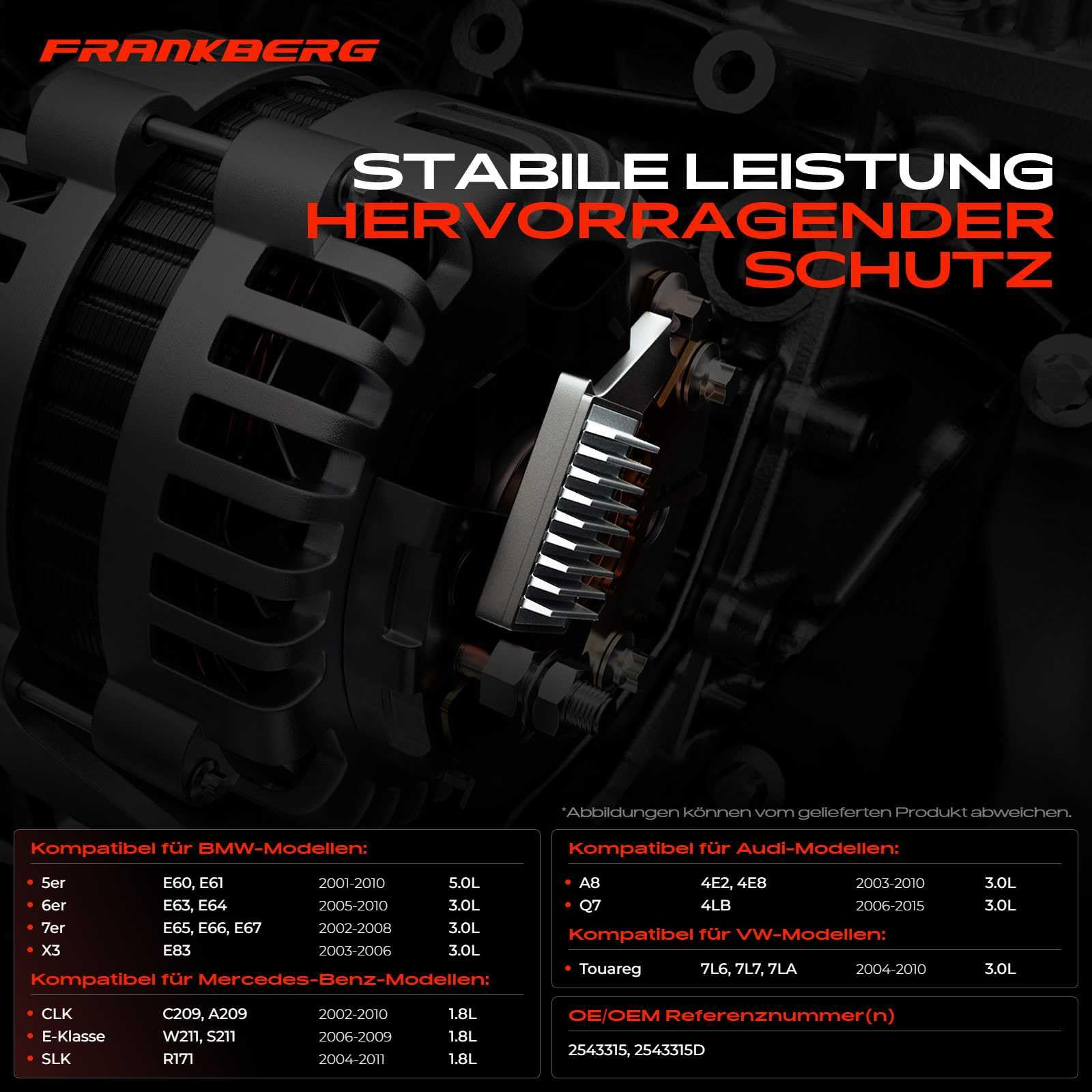 Frankberg Regulador alternador/regulador generador 2543315 2543315D | Compatible con: Serie 6 Convertible E64, A8 4E2 4E8, Clase CLC CL203, Q7 4LB, Serie 5 Touring E61, A6 Allroad 4FH