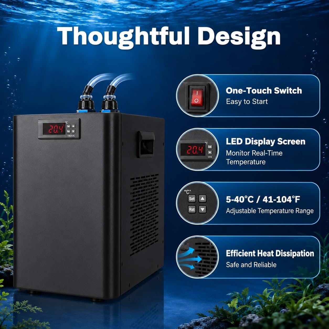 Enfriador De Agua For Acuario, Compresor Silencioso Con Bomba Y Mangueras | Multiusos for peceras, camarones, hidroponía, inmersión en frío, cuidado de medusas de coral.(100L(26gal))