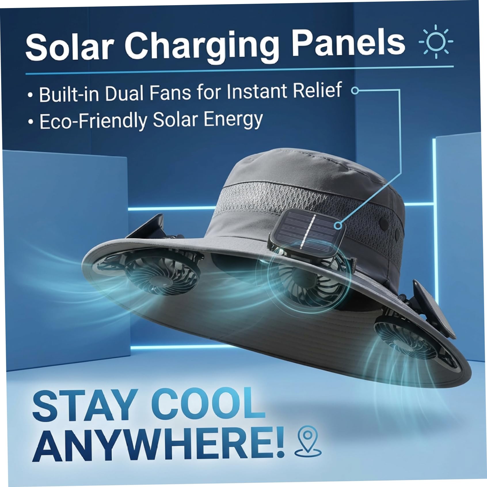 Cappello con Ventola Solare Cappello da Sole UPF 50+ con Doppia Alimentazione (Solare/Batteria) Berretto da Pesca rinfrescante per Esterni con 3 ventole e Tesa Larga per Uomo e Donna