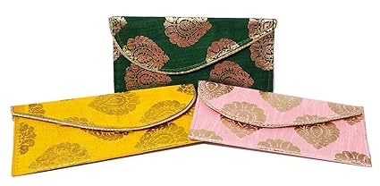 Saffron Shades Silk and Brocade Fabric Premium Money Shagun Cash Gifting Designer Envelope for Weddings, Birthdays and Festivals ? Multicolor - Set of 3 Envelopes