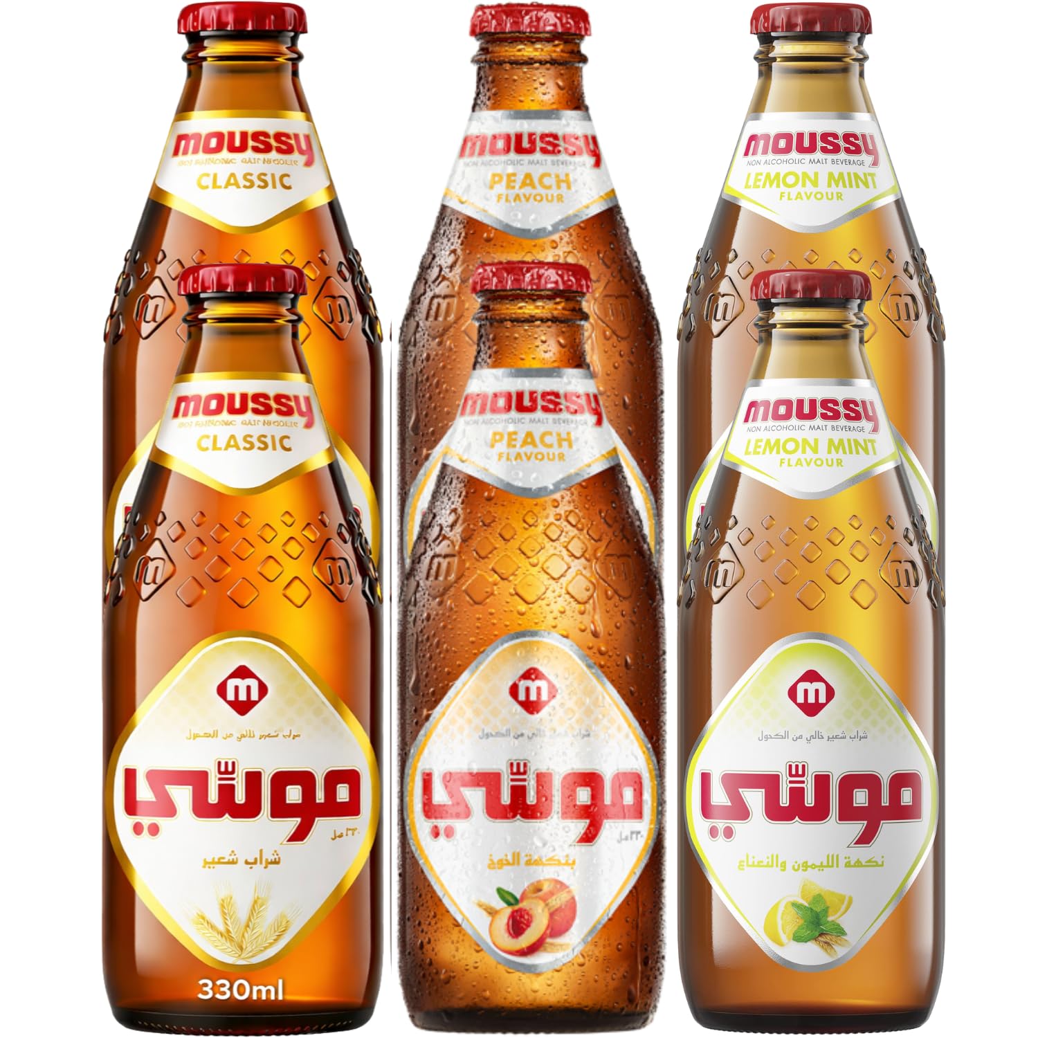 MOUSSY - Non-Alcoholic Malt Beverages Fruit Drink Variety Pack (330ml x 6) Bottles By COUGAR | Classic, Peach & Lemon Mint Flavours | 2 Bottles Each Flavour – (Imported-UAE)-image-30