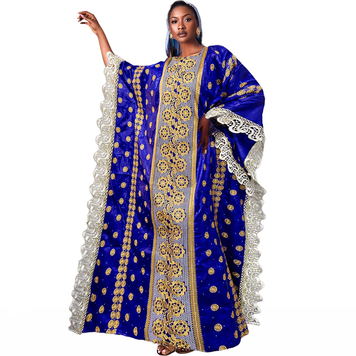 Madashiki Women's Royal Blue Bazin Riche Boubou Dress African Nigerian Traditional Weeding Basin Dashiki Mix Size Robe, One Size Plus