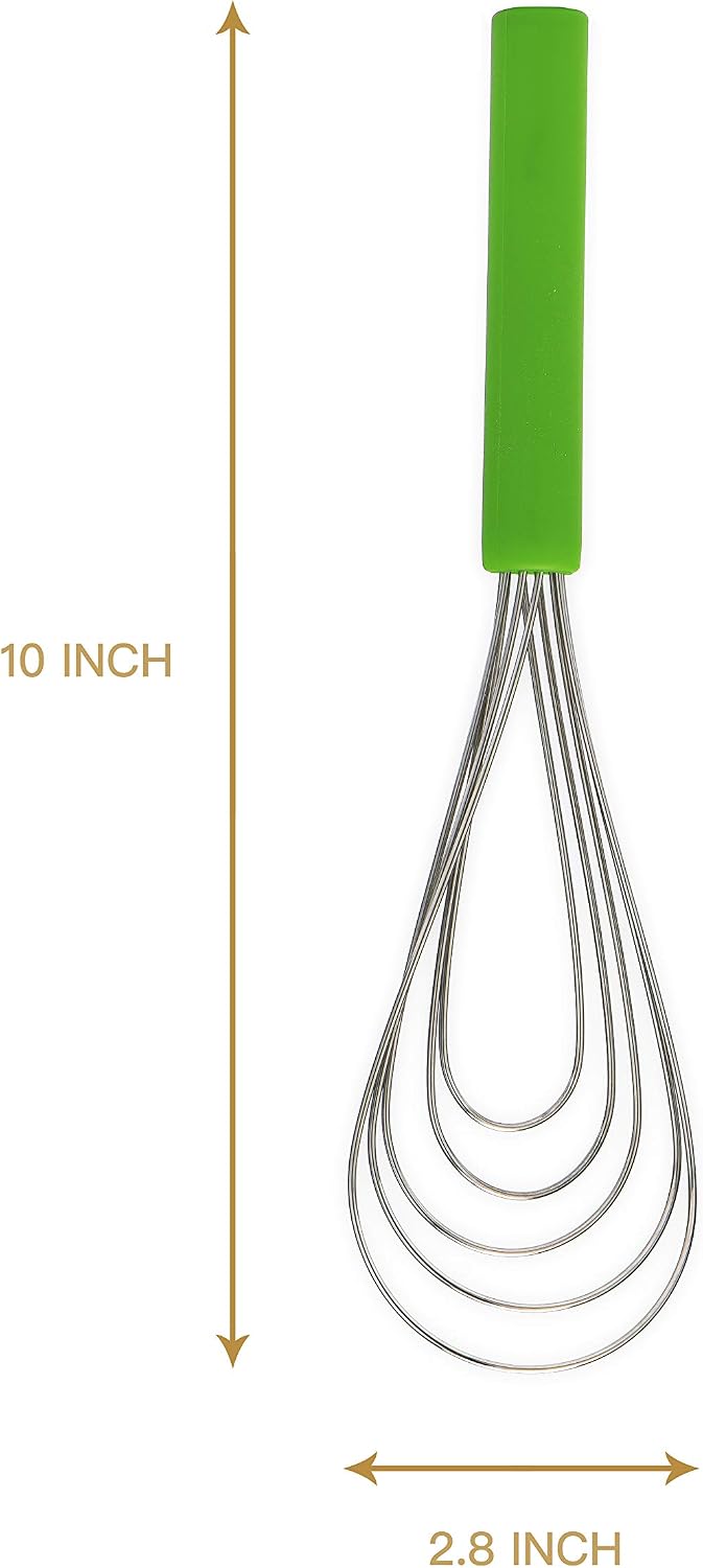 Flat Whisk Silicone Handle Non Slip 10" - 5 Wires Whisk with 10 Heads for Kitchen Cooking by Jell-Cell (Green)