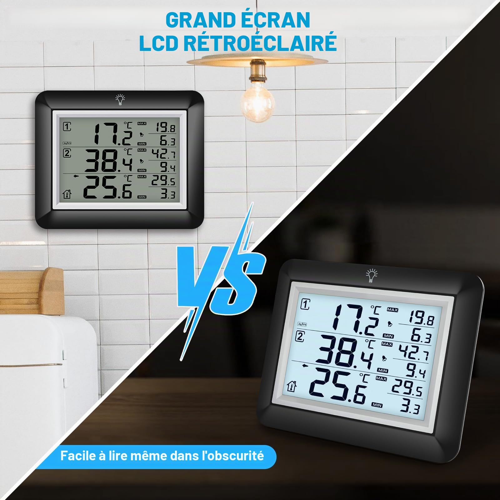 Urageuxy Thermometre Congelateur avec Alarme, Thermomètre de Frigo Congelateur, Prtée 100M, Rétroéclairage, Mesure de -40°C à 60°C, Valeurs Max/Min, Pour Famille et Restaurant
